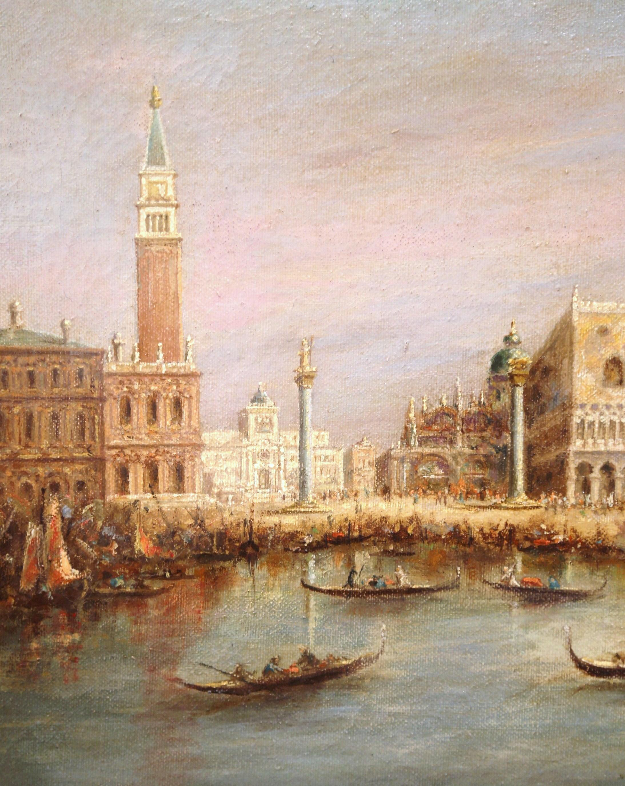 Toile Peinture à l'huile de Venise du milieu du 20e siècle dans un cadre doré signé A. Lemstra et datée de 1959 en vente