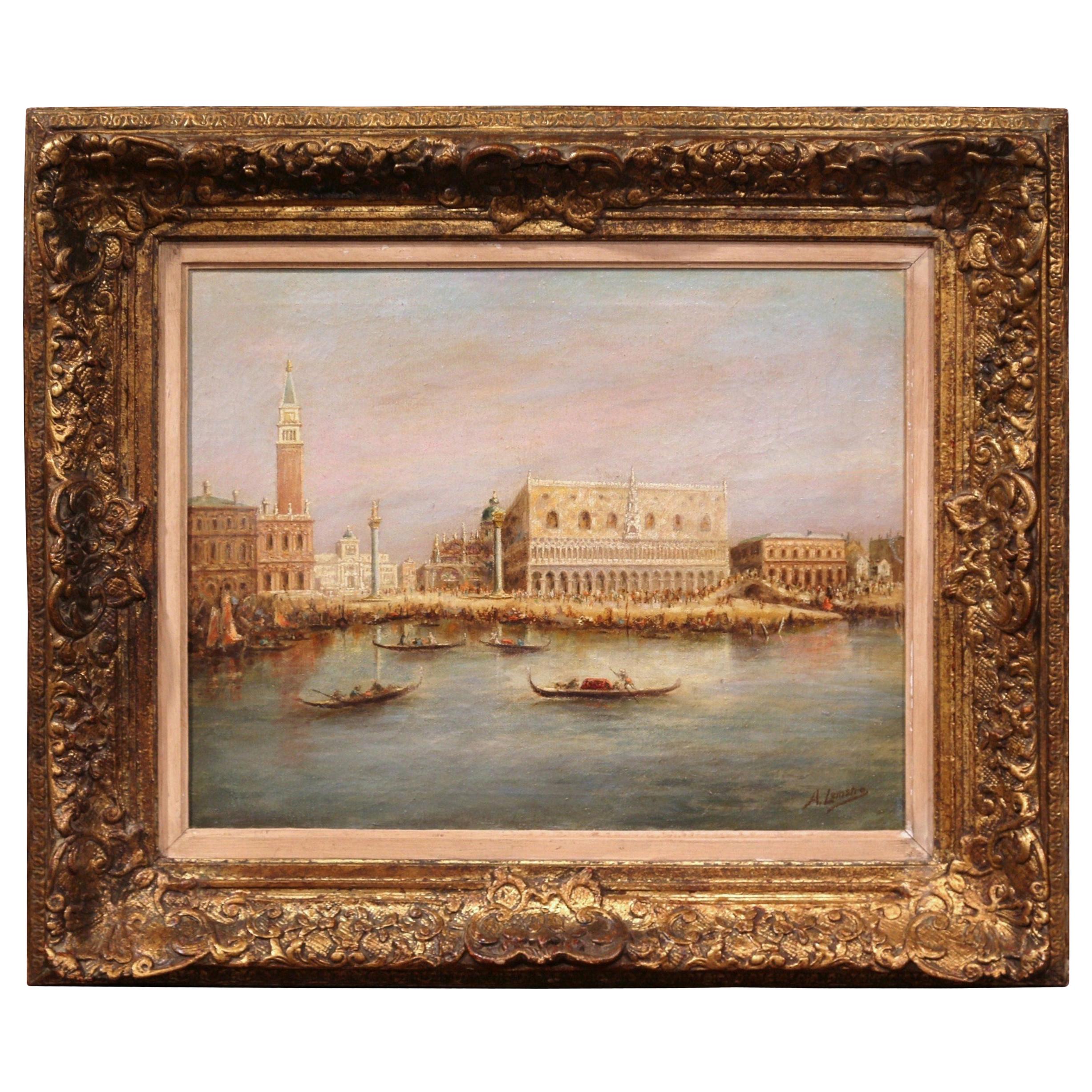 Peinture à l'huile de Venise du milieu du 20e siècle dans un cadre doré signé A. Lemstra et datée de 1959 en vente