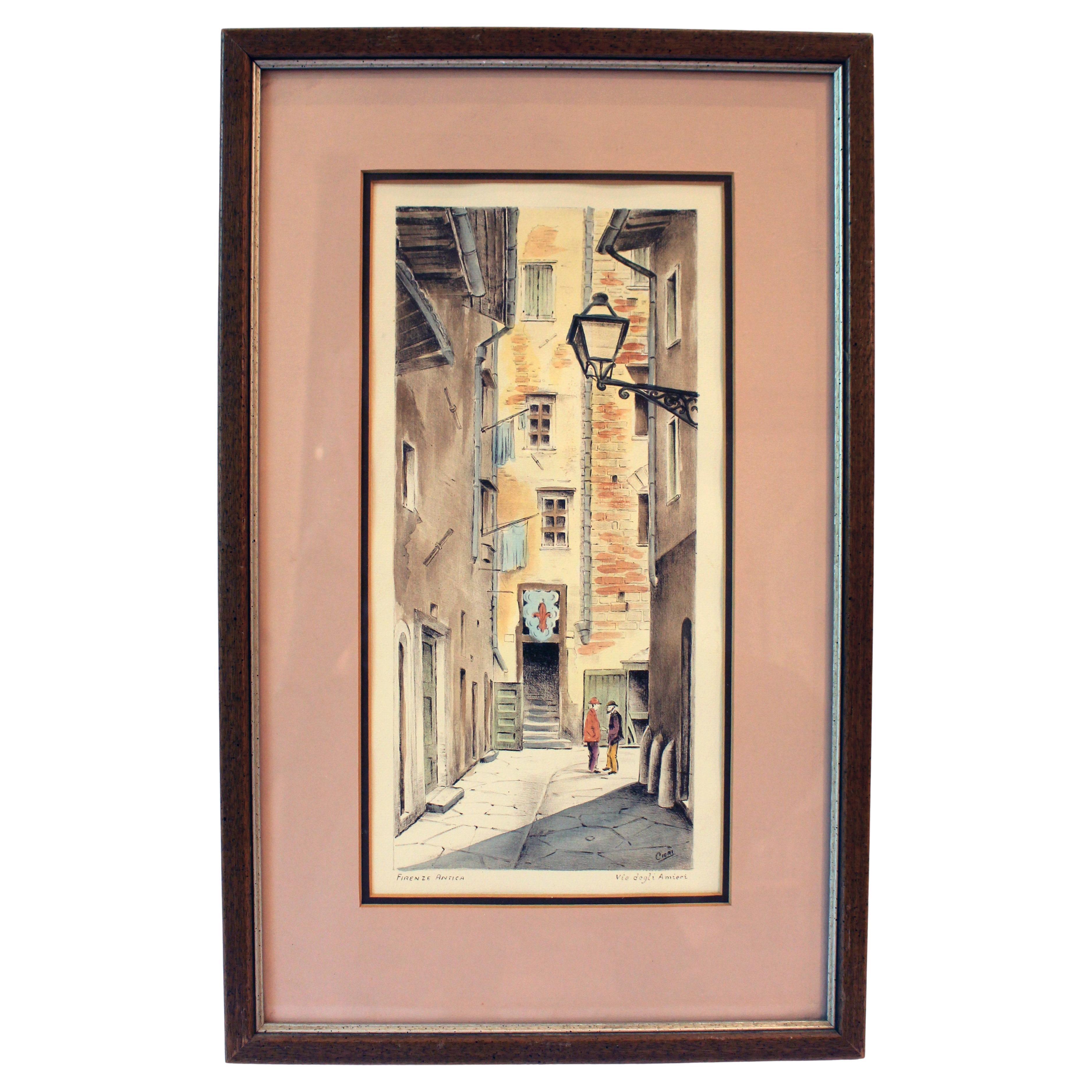 Druck „Via degli Amieri, Firenze Antica“ von Cioni aus der Mitte des 20. Jahrhunderts
