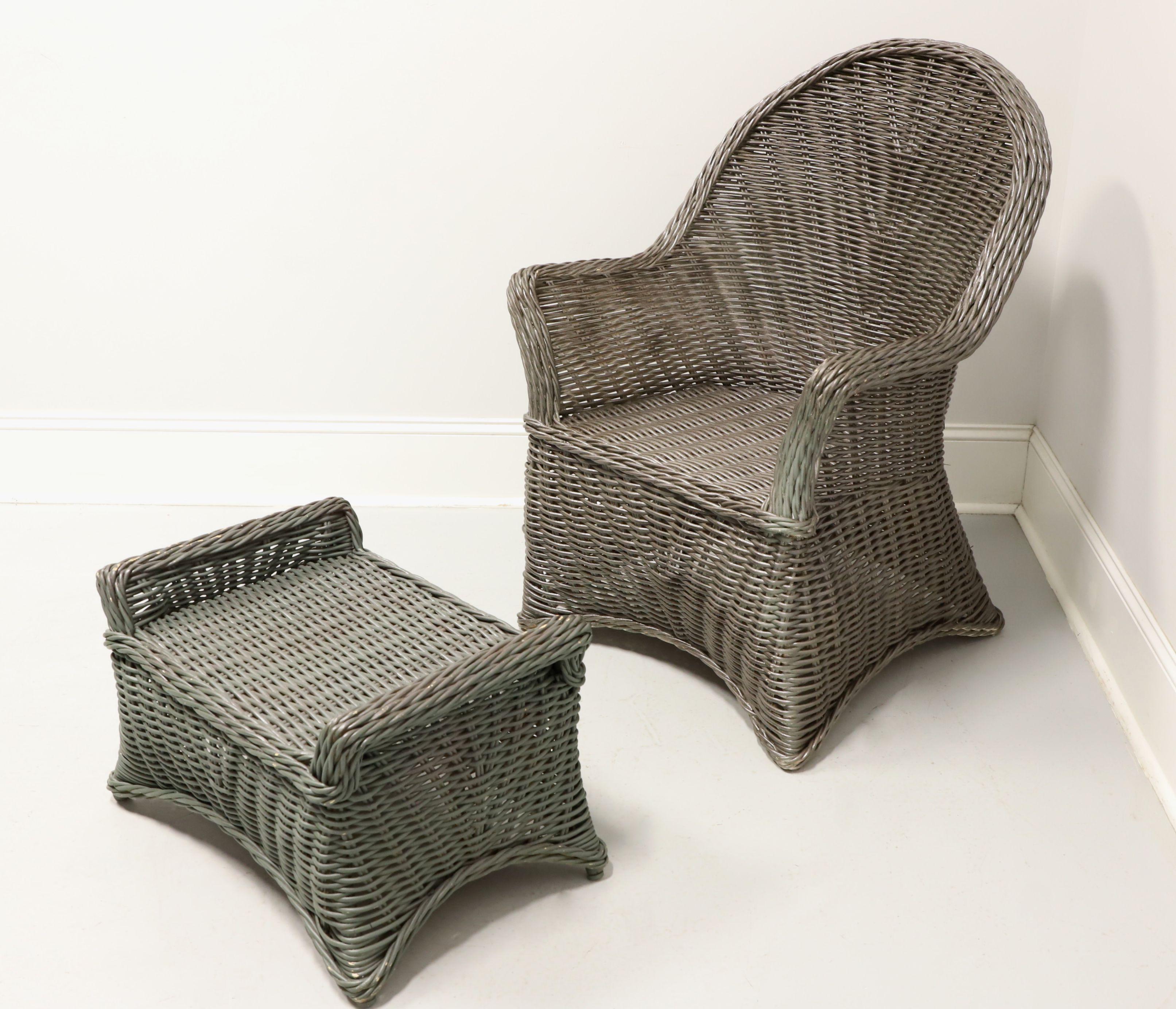 American Mid 20th Century Victorian Wicker Armchair and Ottoman For Sale