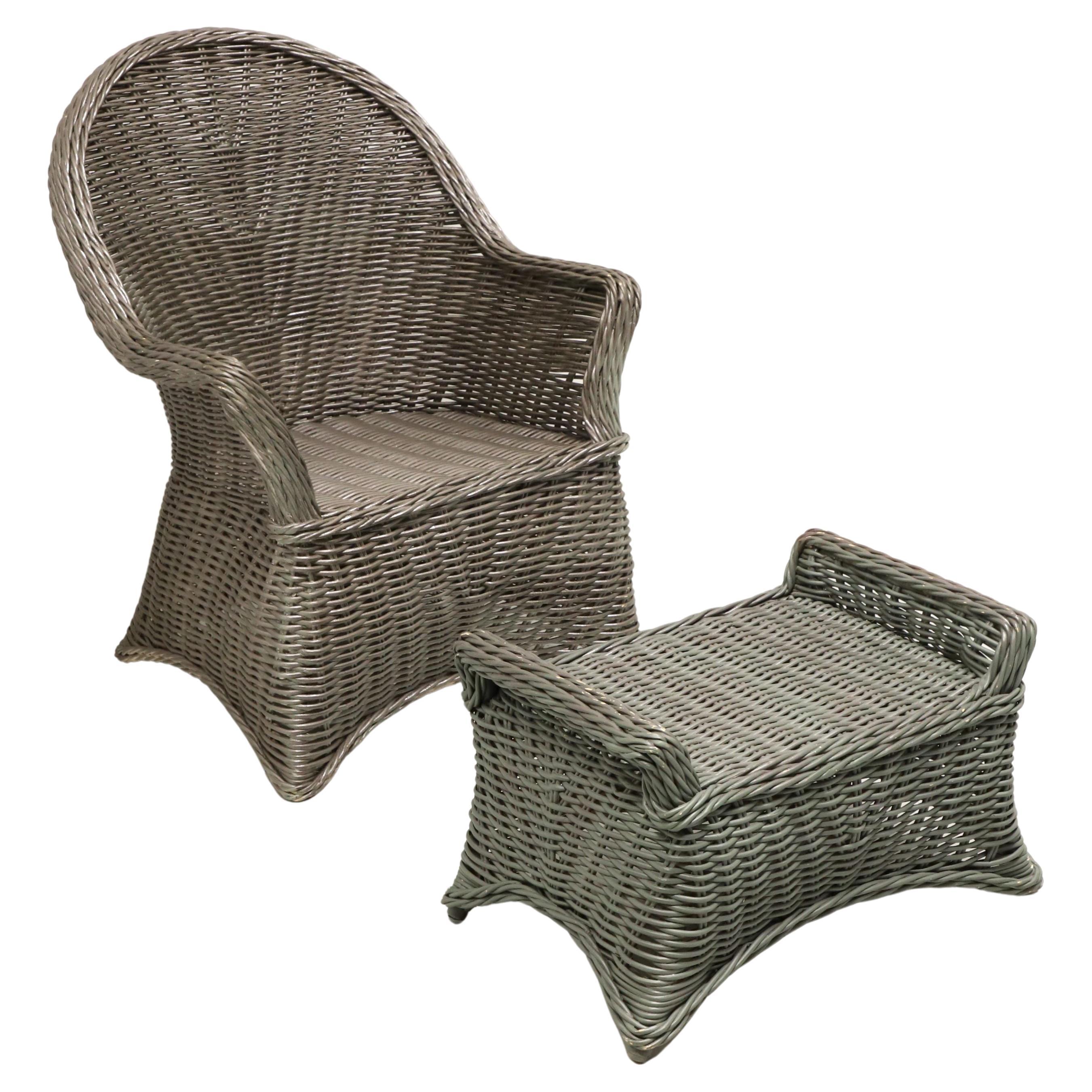 Mid 20th Century Victorian Wicker Armchair and Ottoman For Sale
