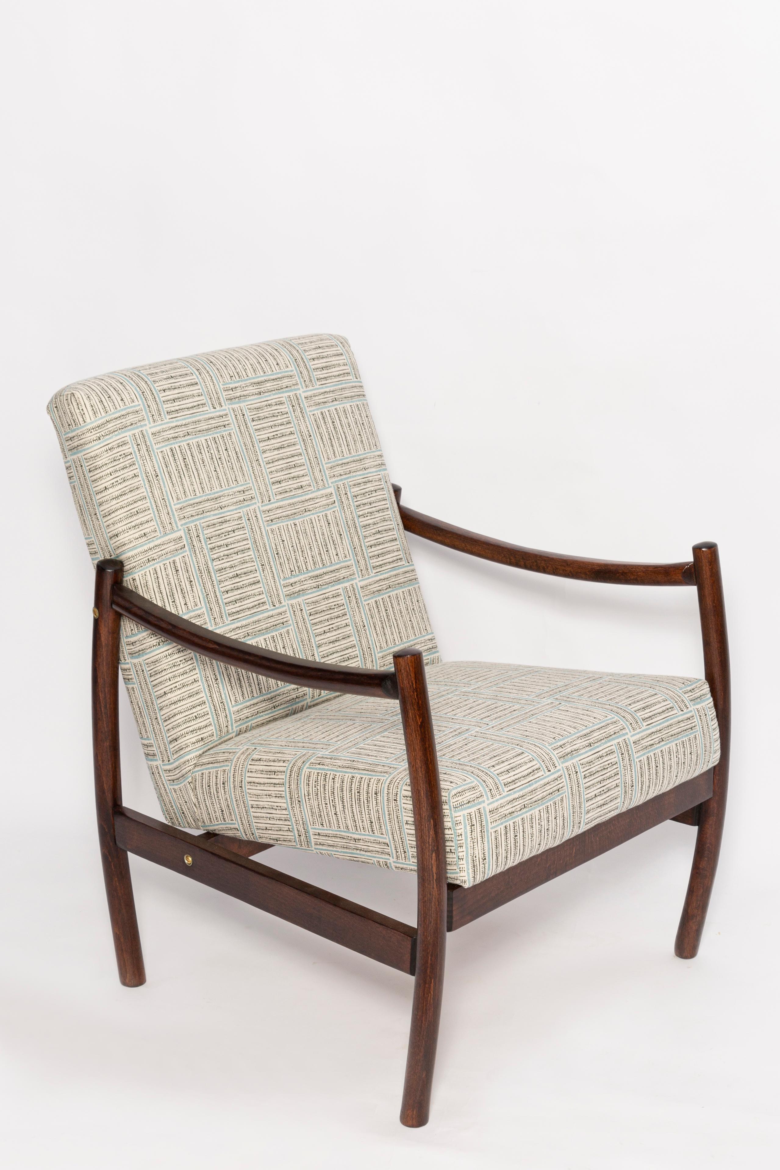 Mid-Century Modern Mid-20th Century Vintage Armchair, Beige and Blue Linen, Europe, 1960s For Sale