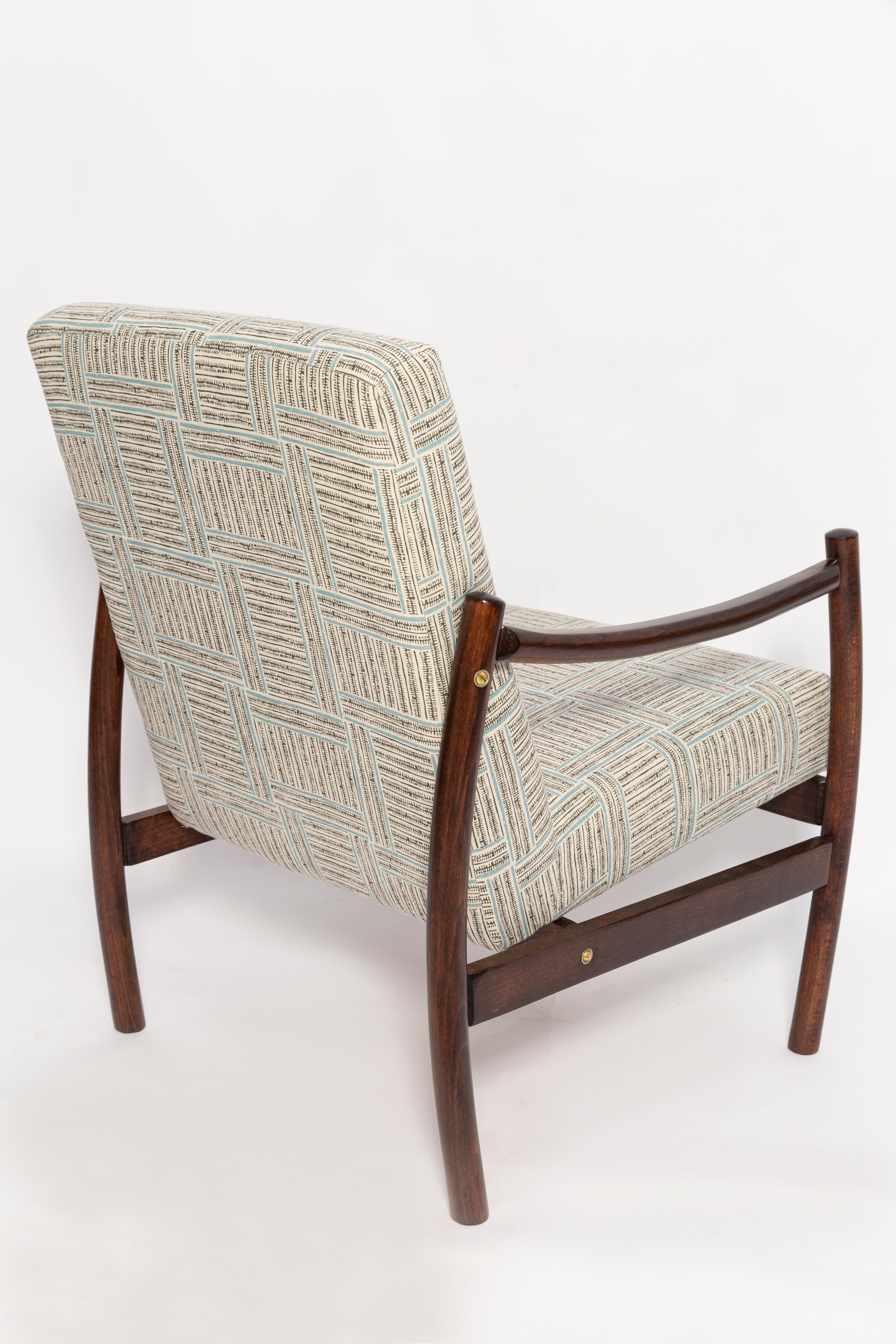 Mid-20th Century Vintage Armchair, Beige and Blue Linen, Europe, 1960s For Sale 1