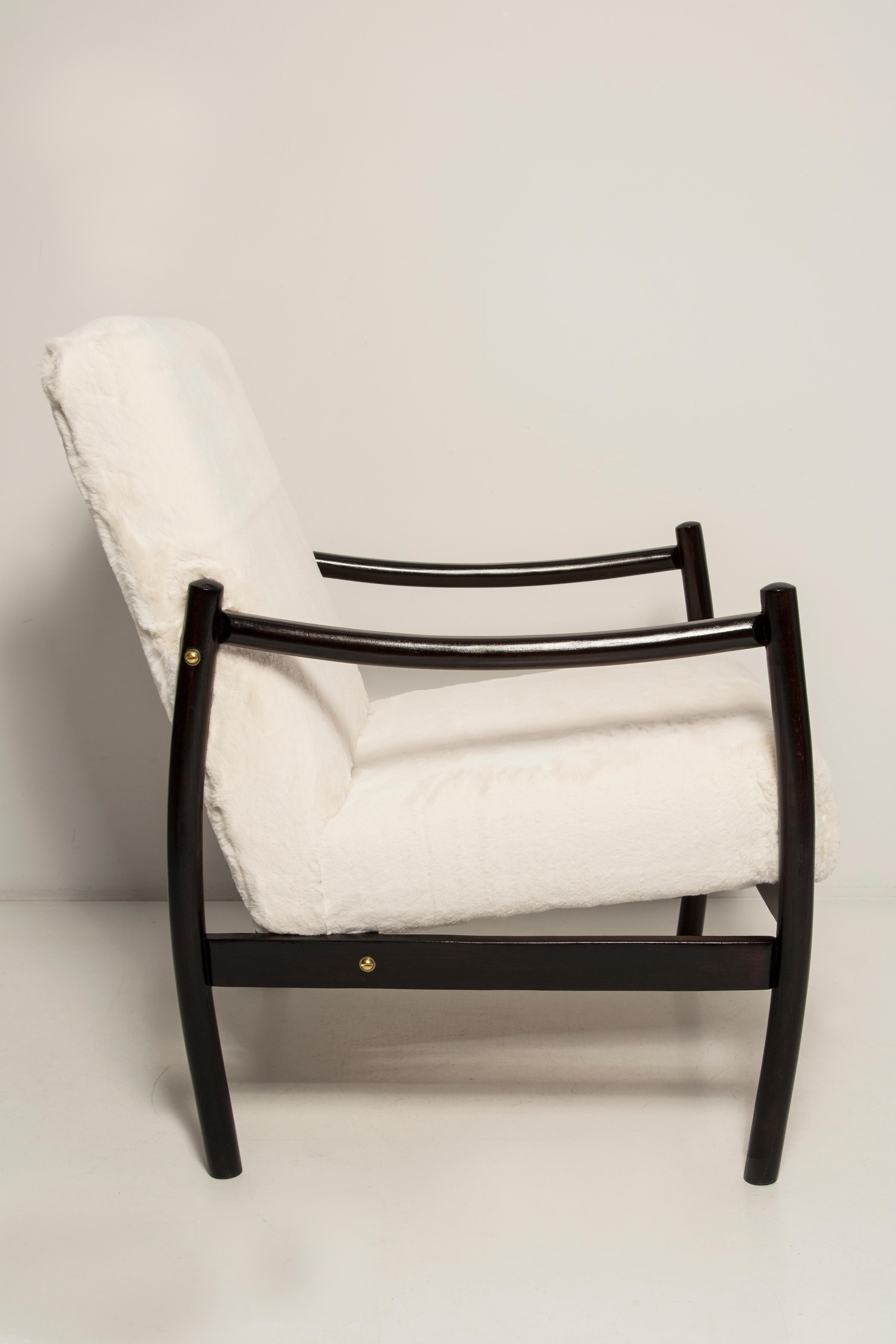Polish Mid-20th Century Vintage Armchair, White Faux Rabbit Fur, Europe, 1960s For Sale
