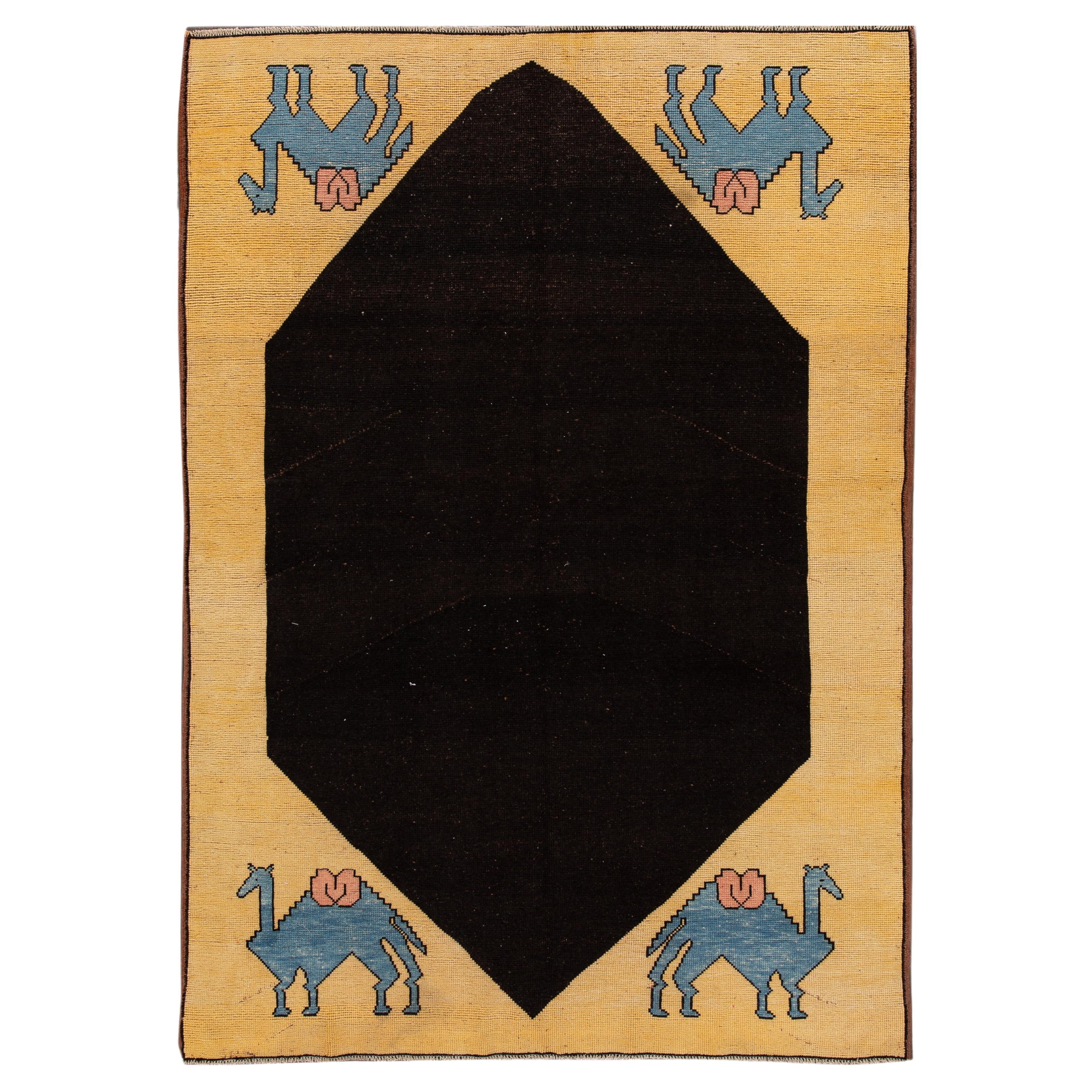 Mid-20th Century Vintage Art Deco Wool Rug With Black Field For Sale