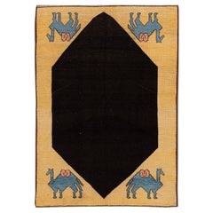 Tappeto in lana Art Deco vintage della metà del XX secolo con campo nero
