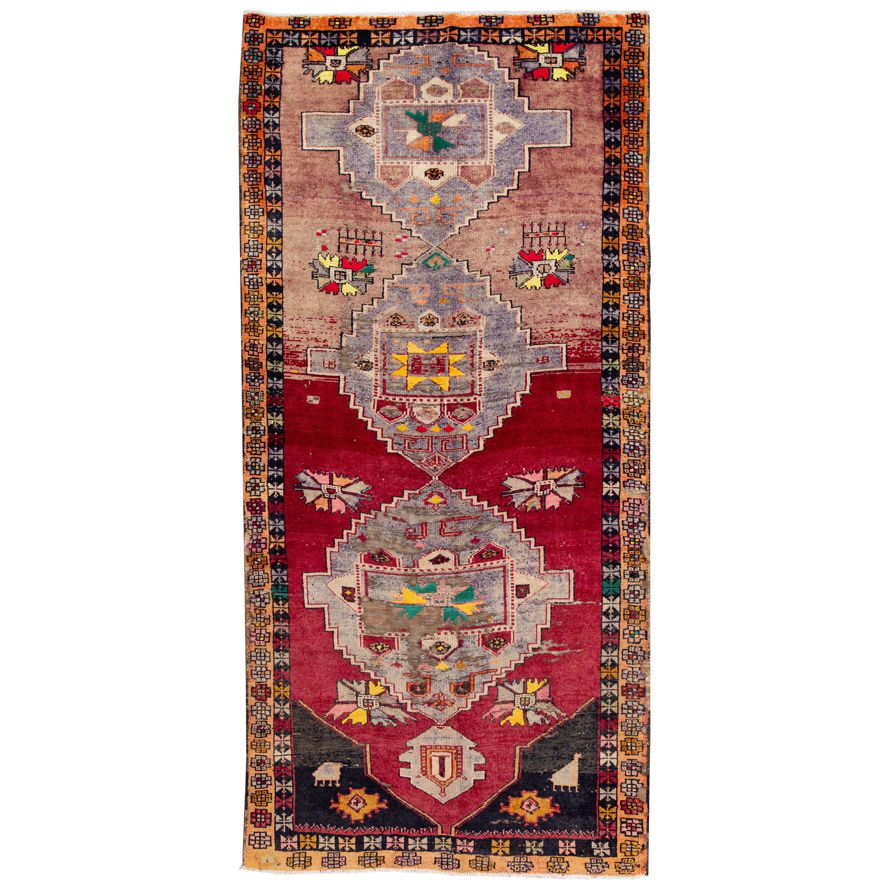 Vintage Azeri Handmade Tribal Multicolor Wool Runner For Sale