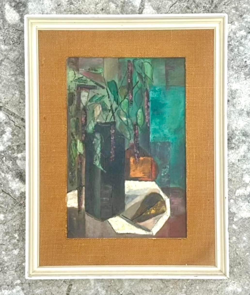 Mitte des 20. Jahrhunderts Vintage Boho Abstrakt-expressionistisches Stillleben Ölgemälde (amerikanisch) im Angebot