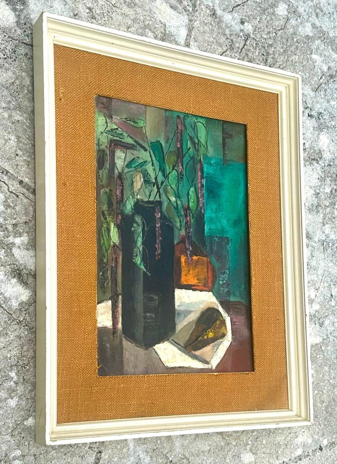 Mitte des 20. Jahrhunderts Vintage Boho Abstrakt-expressionistisches Stillleben Ölgemälde im Zustand „Gut“ im Angebot in west palm beach, FL
