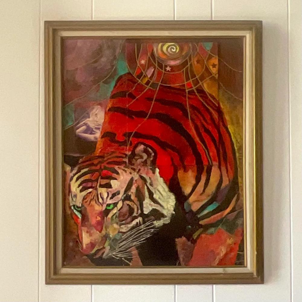 A fabulous vintage original oil painting on board. A beautifully rendered tiger in brilliant clear colors. Signed on the back by the artist. Acquired from a Palm Beach estate