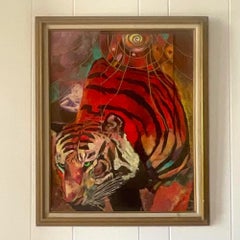Mid 20th Century Vintage Boho Abstract Figural Tiger Oil Painting on Board