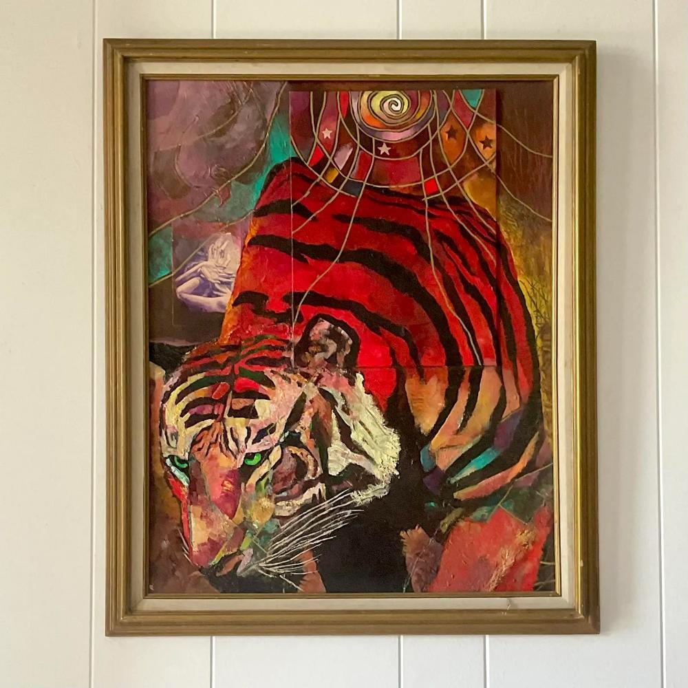 Bohemian Mid 20th Century Vintage Boho Abstract Figural Tiger Oil Painting on Board For Sale