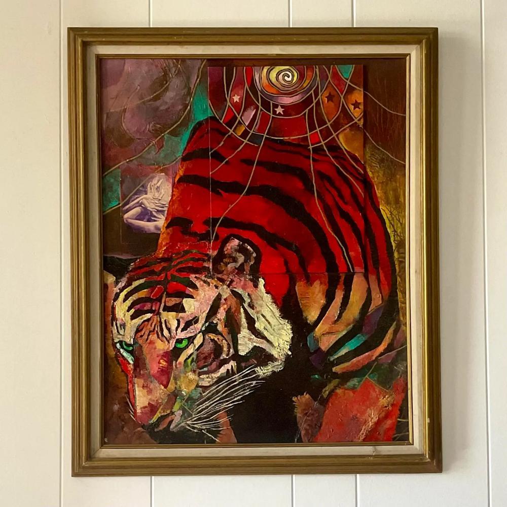 Peinture à l'huile sur carton abstraite de tigre bohème du milieu du 20e siècle Bon état - En vente à west palm beach, FL