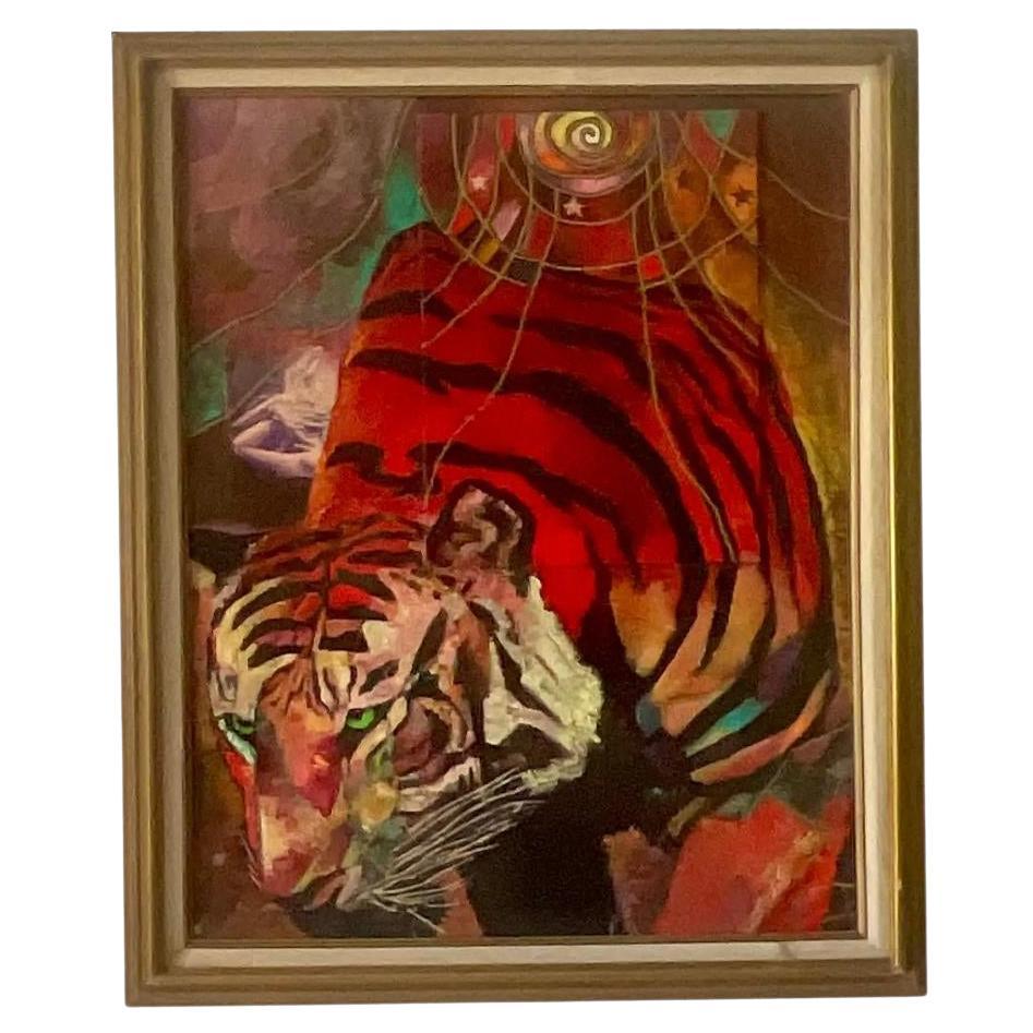 Mid 20th Century Vintage Boho Abstract Figural Tiger Oil Painting on Board For Sale