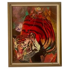 Mid 20th Century Retro Boho Abstract Figural Tiger Oil Painting on Board