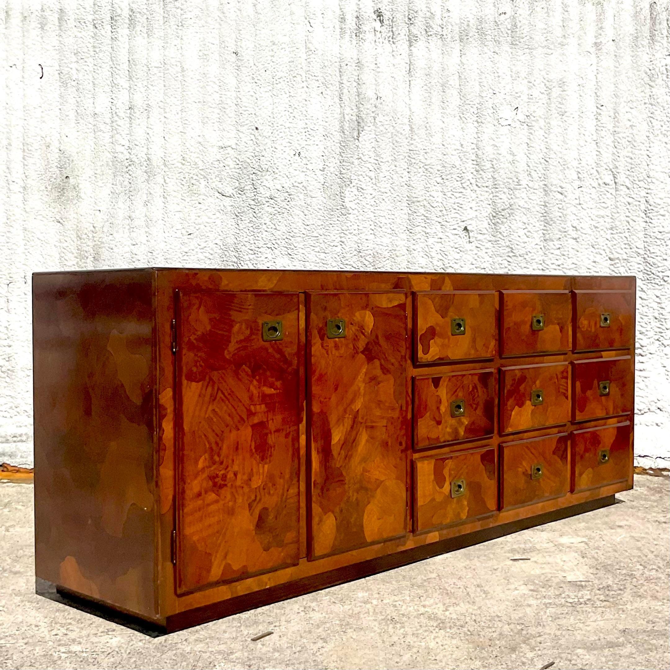 Mid 20th Century Vintage Boho American of Martinsville Camo Olive Wood Credenza For Sale 5