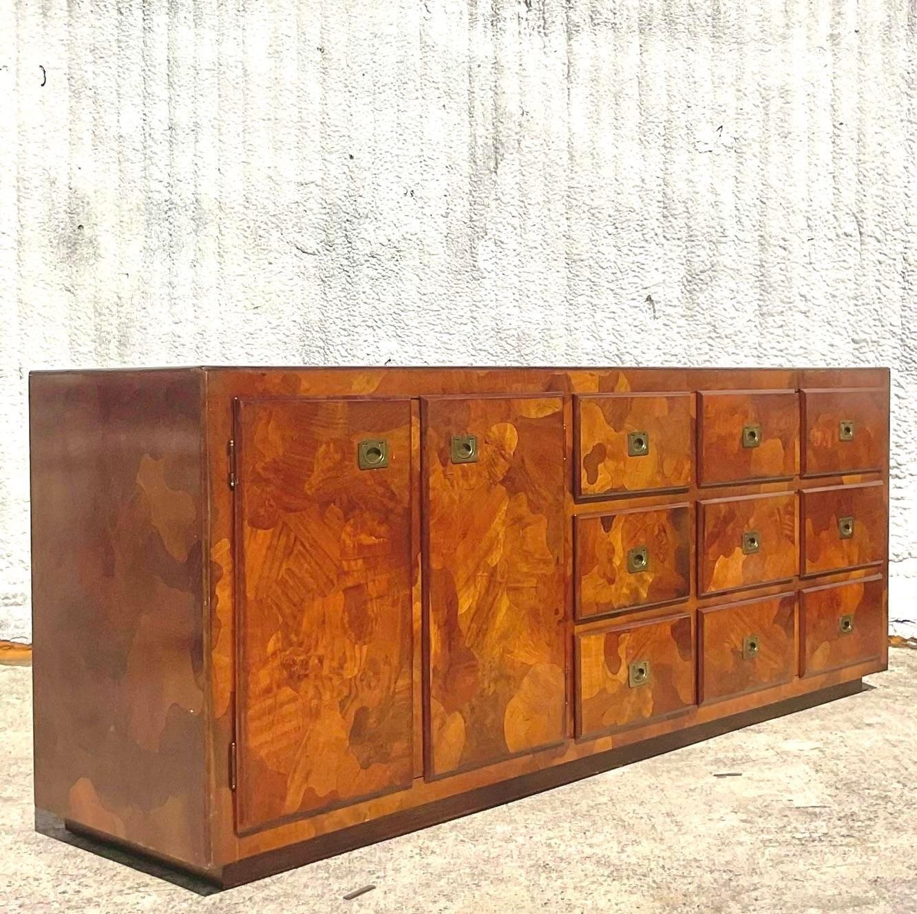 Mid-Century Modern Mid 20th Century Vintage Boho American of Martinsville Camo Olive Wood Credenza For Sale