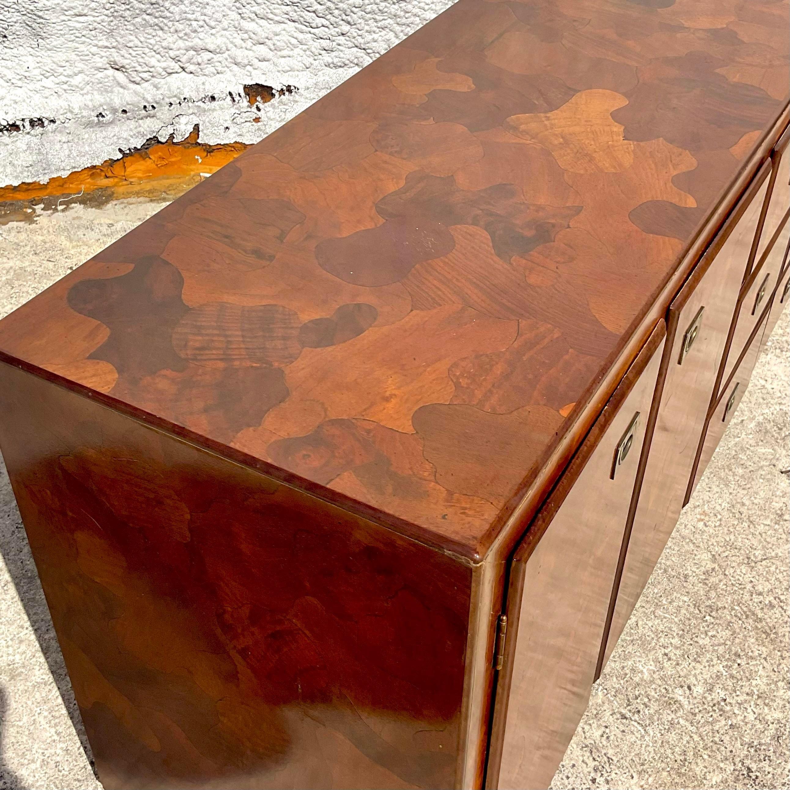 Metal Mid 20th Century Vintage Boho American of Martinsville Camo Olive Wood Credenza For Sale