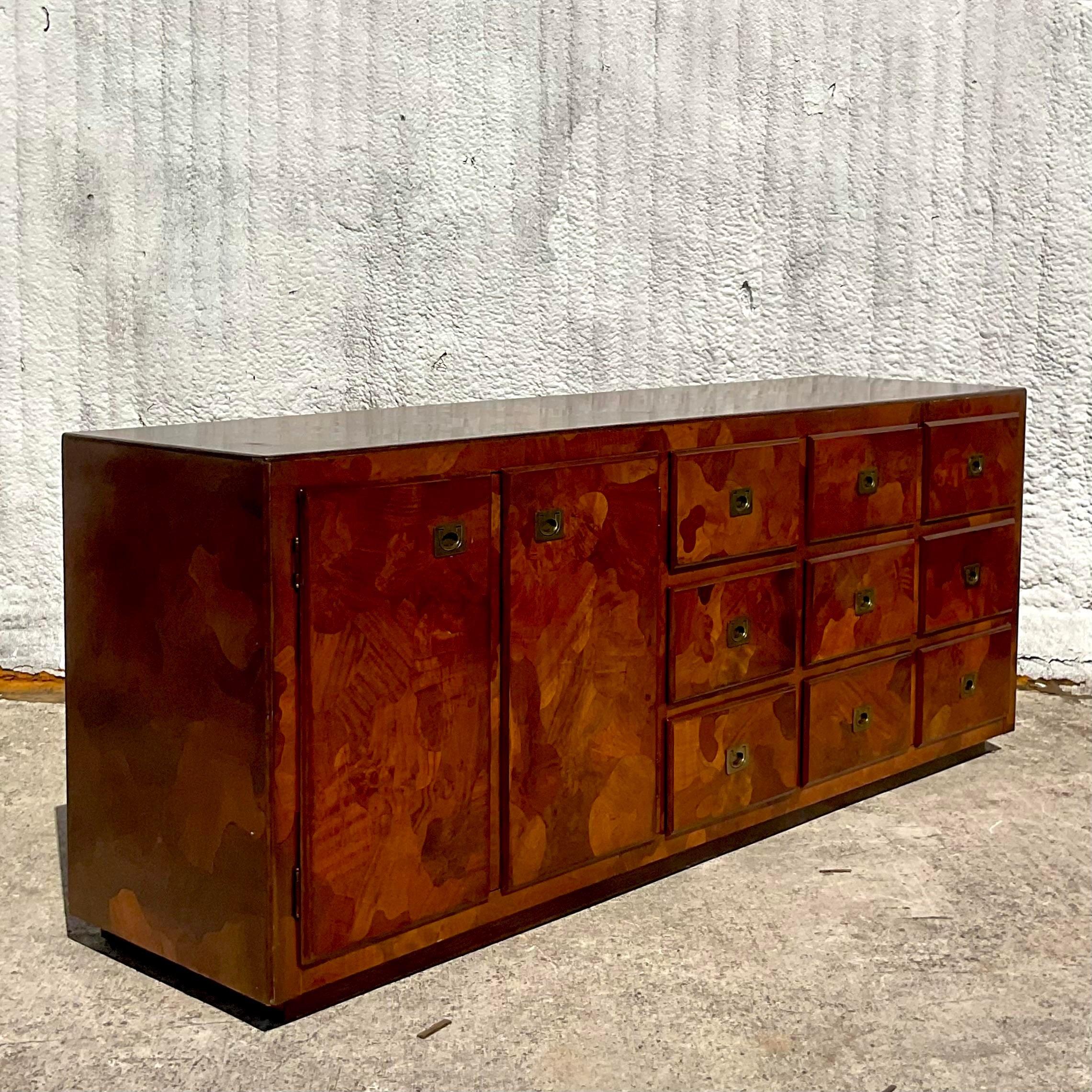 Mid 20th Century Vintage Boho American of Martinsville Camo Olive Wood Credenza For Sale 1