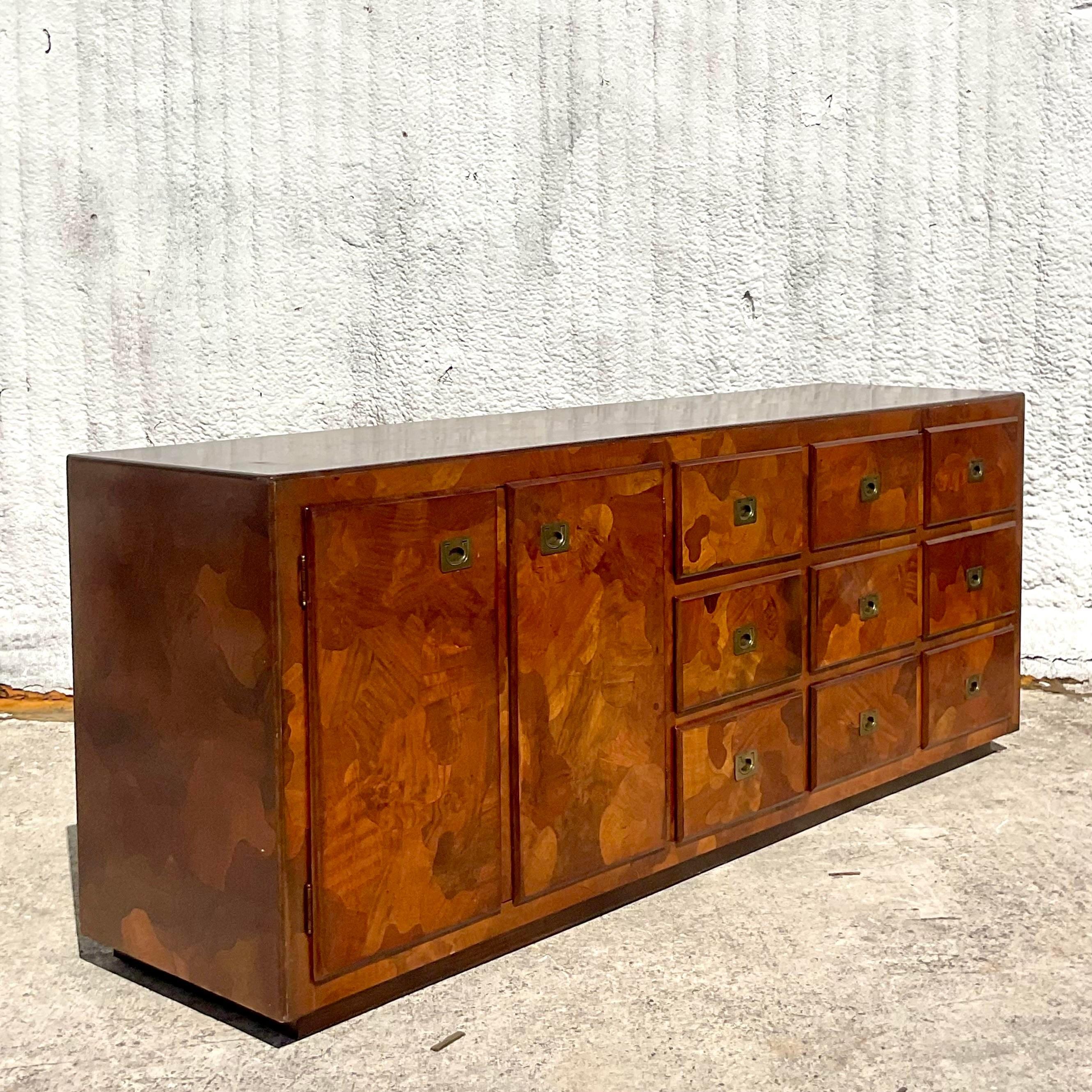 Mid 20th Century Vintage Boho American of Martinsville Camo Olive Wood Credenza For Sale 2