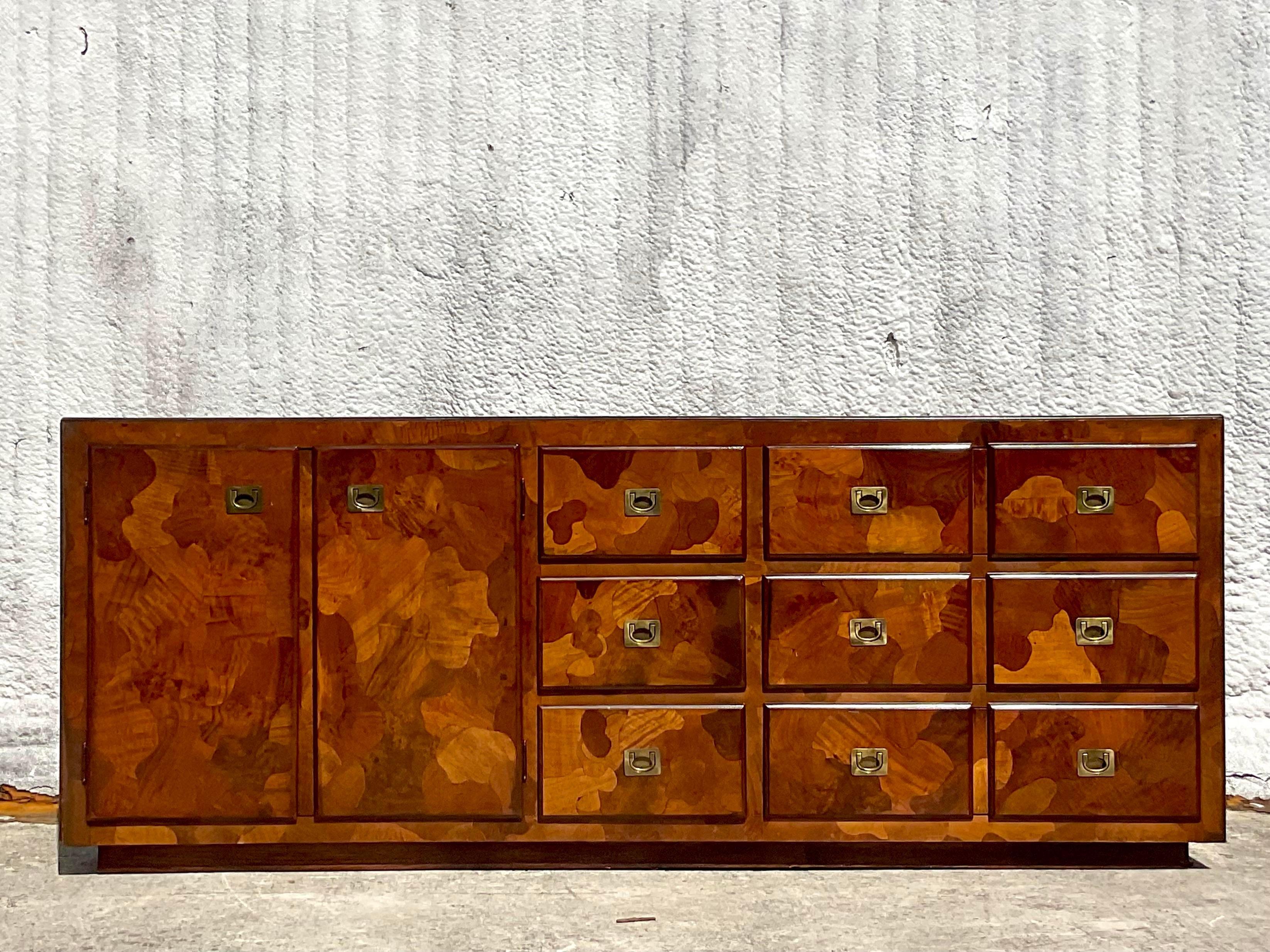 Mid 20th Century Vintage Boho American of Martinsville Camo Olive Wood Credenza For Sale 3