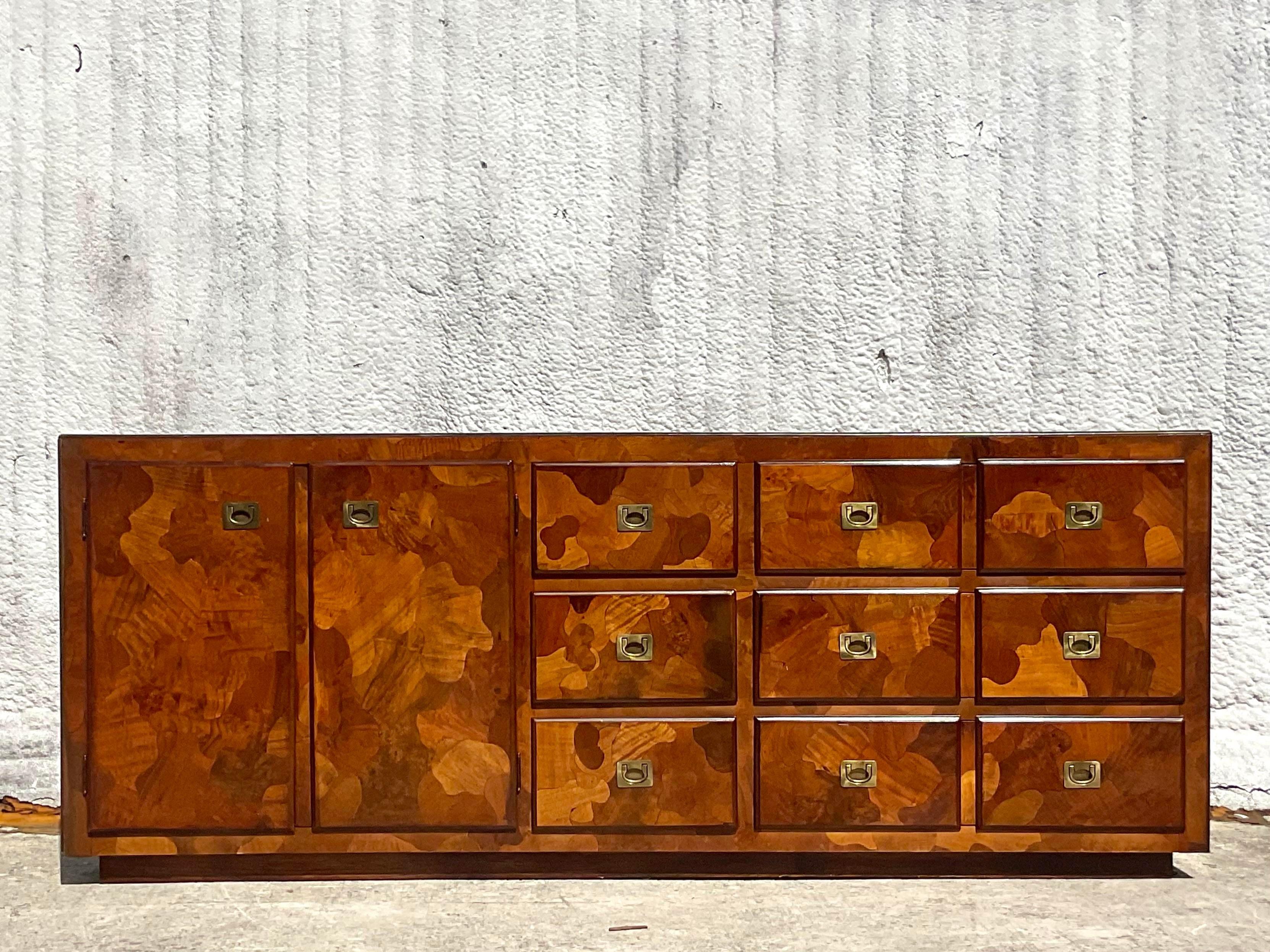 Mid 20th Century Vintage Boho American of Martinsville Camo Olive Wood Credenza For Sale 4