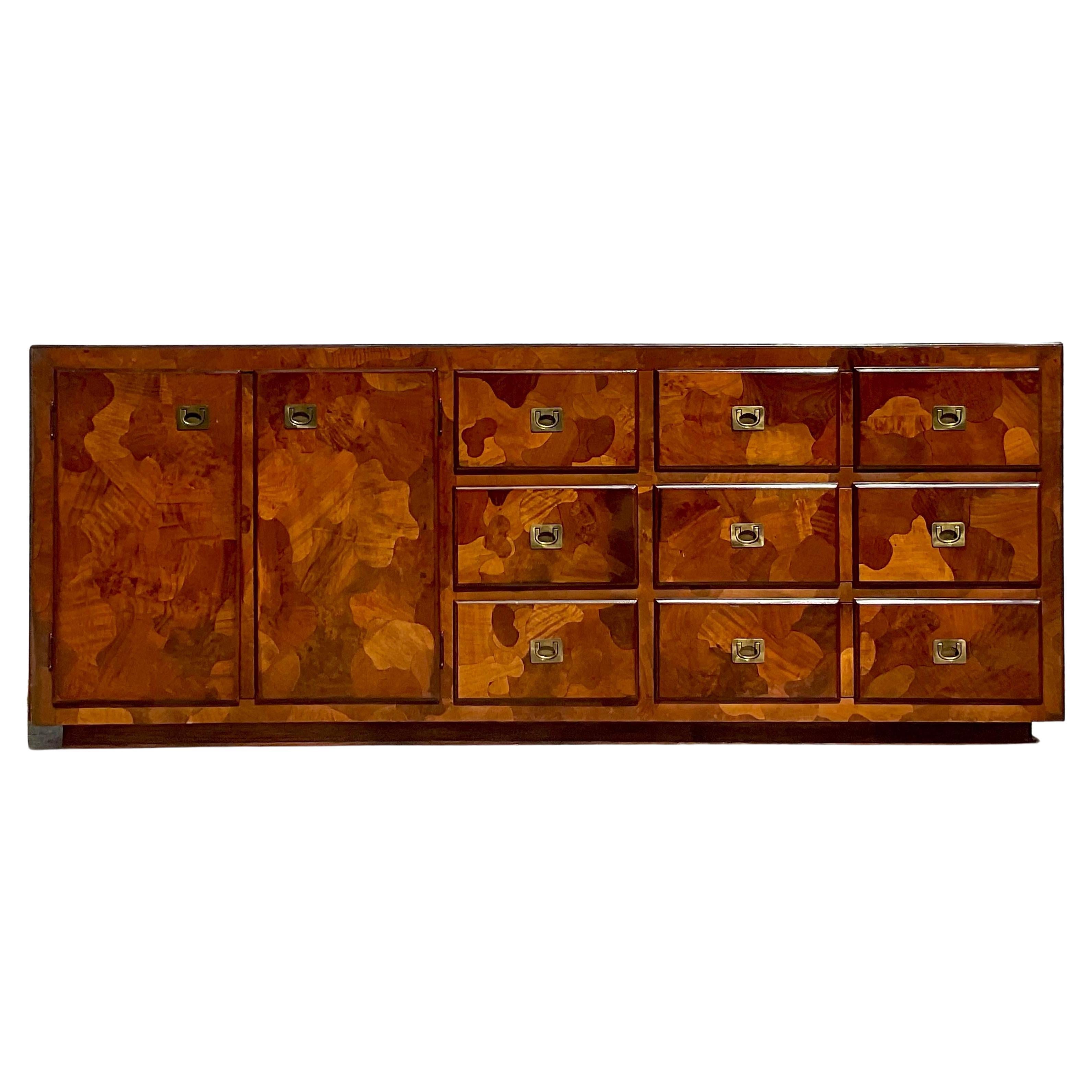 Mid 20th Century Vintage Boho American of Martinsville Camo Olive Wood Credenza For Sale