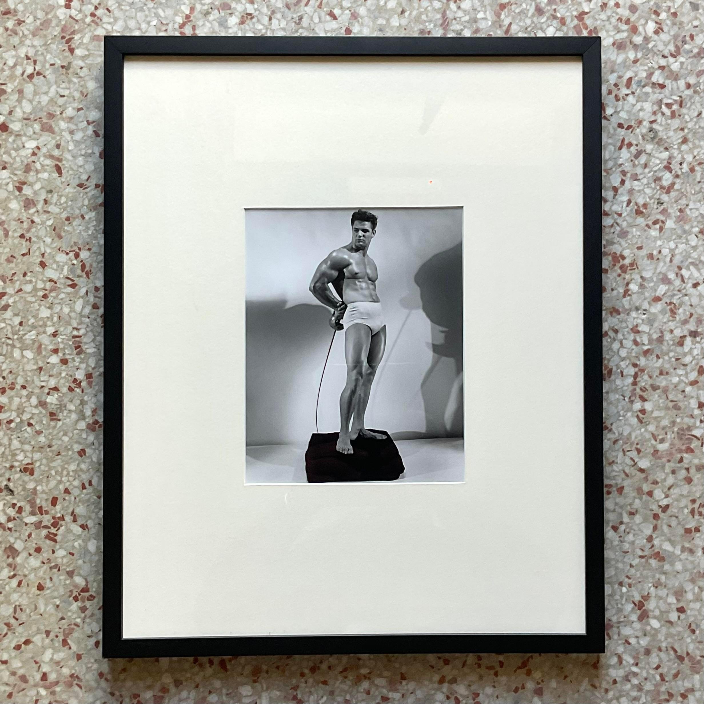 Glass Mid 20th Century Vintage Boho Bruce of La Photograph of Man With Fencing Sword For Sale