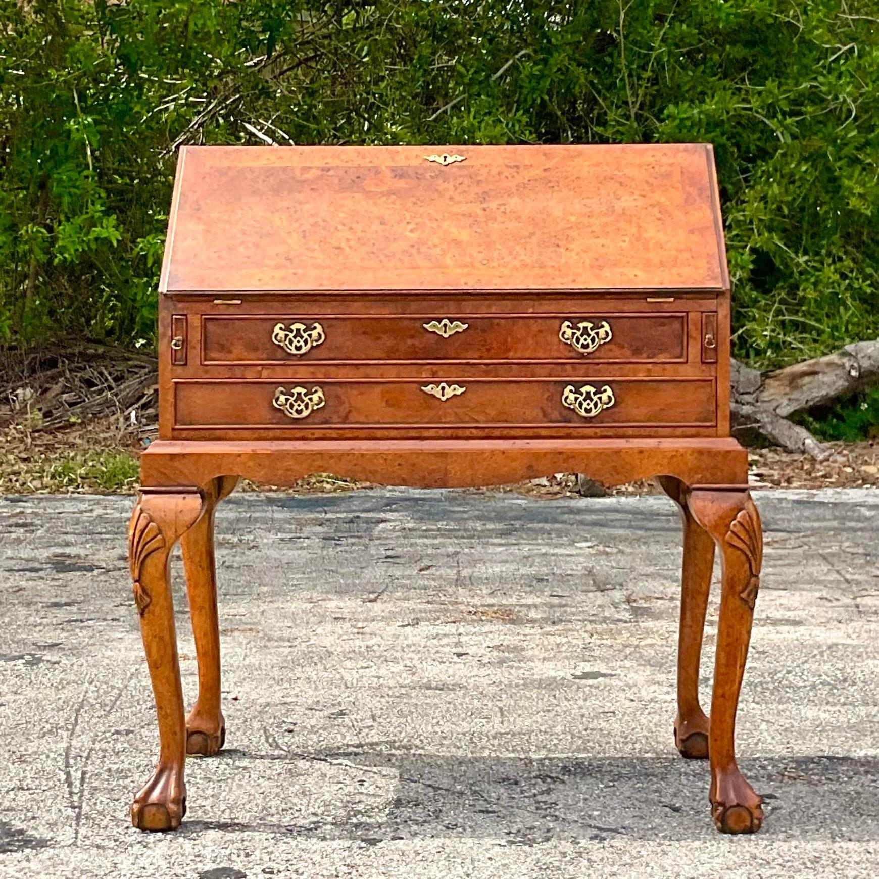 Mid 20th Century Vintage Boho Burl Wood Flip Down Writing Desk For Sale 1