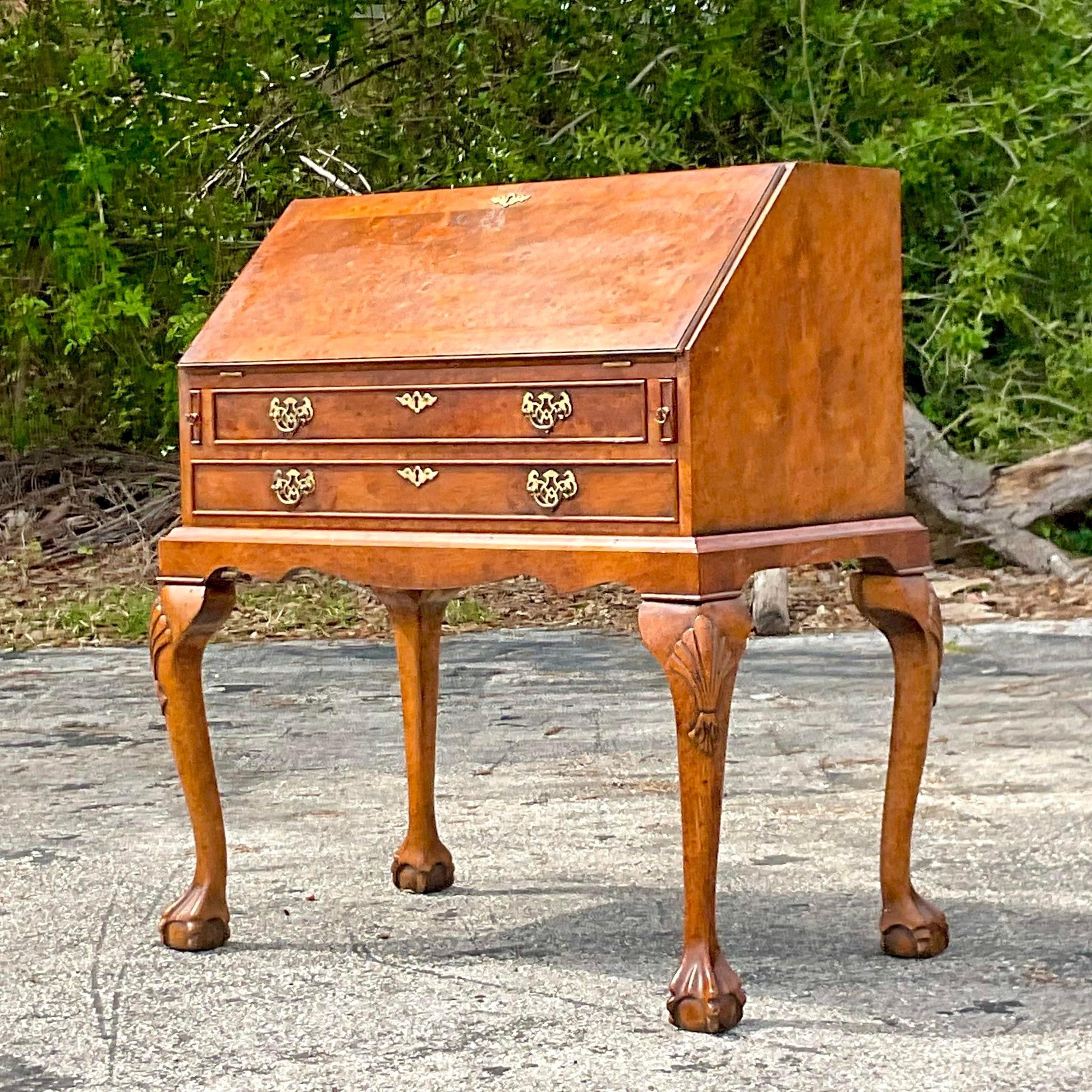 Mid 20th Century Vintage Boho Burl Wood Flip Down Writing Desk For Sale 2