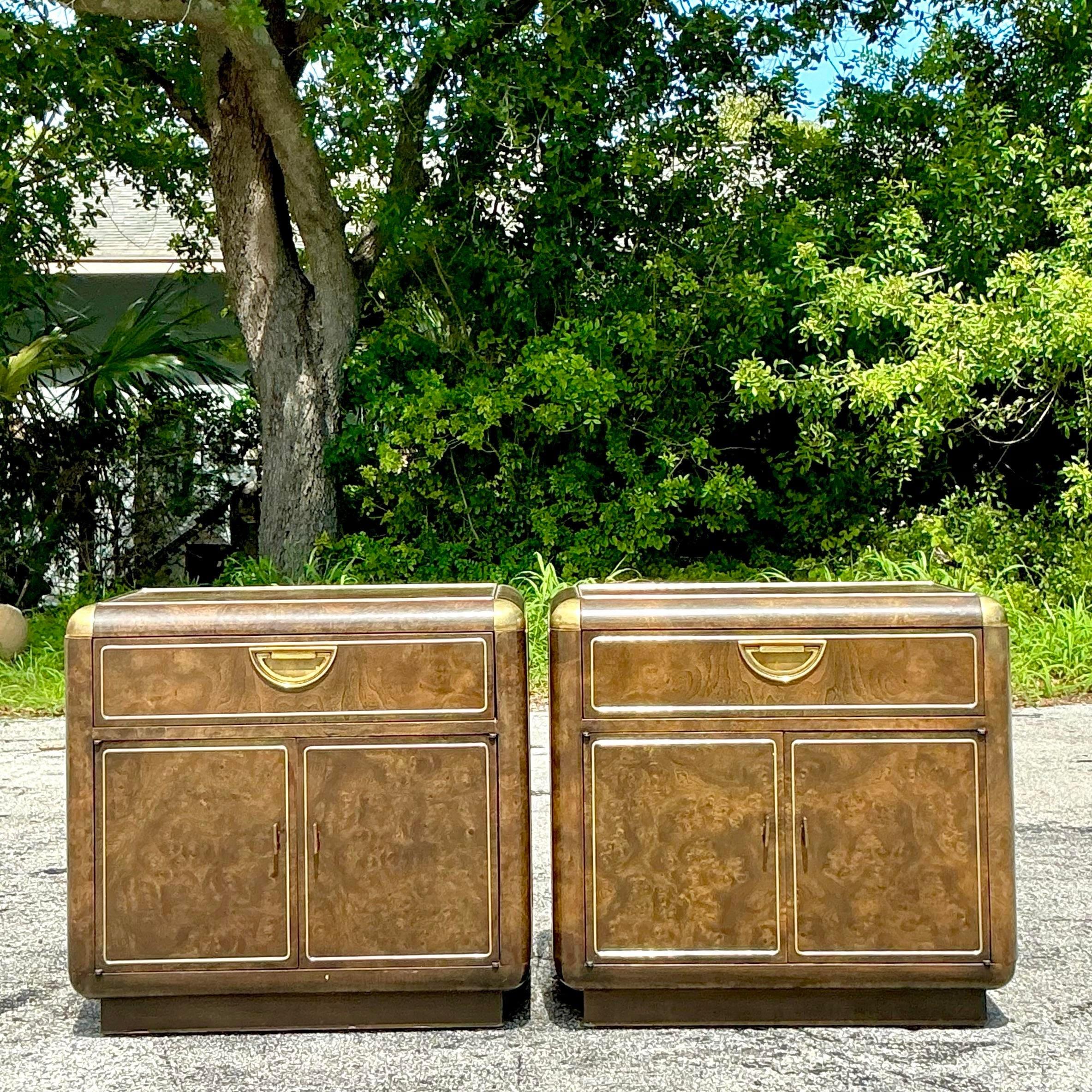 American Mid 20th Century Vintage Boho Burlwood Nightstands After Mastercraft - a Pair