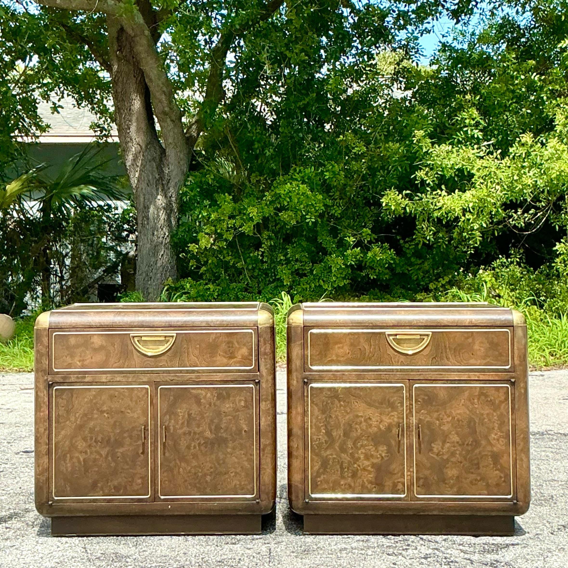 Brass Mid 20th Century Vintage Boho Burlwood Nightstands After Mastercraft - a Pair