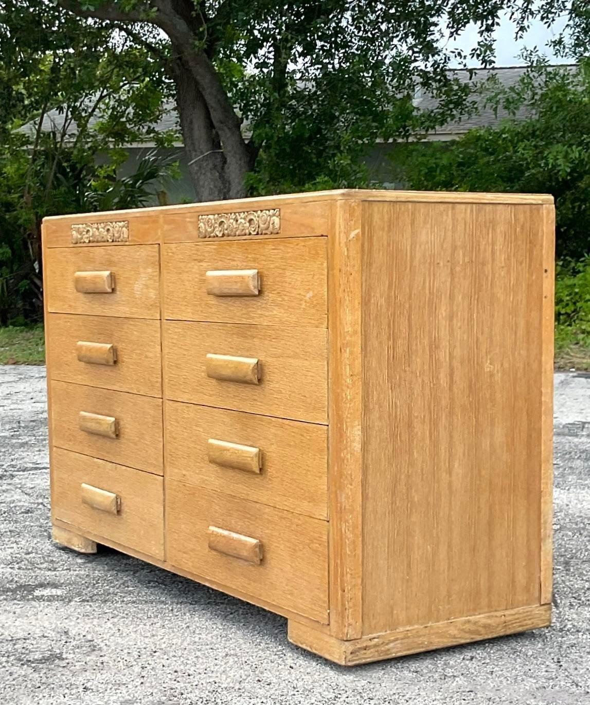 American Mid-20th Century Vintage Boho Carved Bleached Oak Dresser