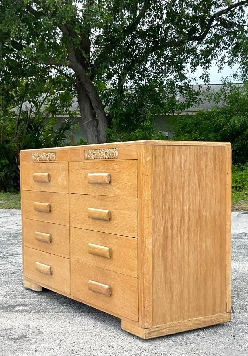 Mid-20th Century Vintage Boho Carved Bleached Oak Dresser In Good Condition In west palm beach, FL