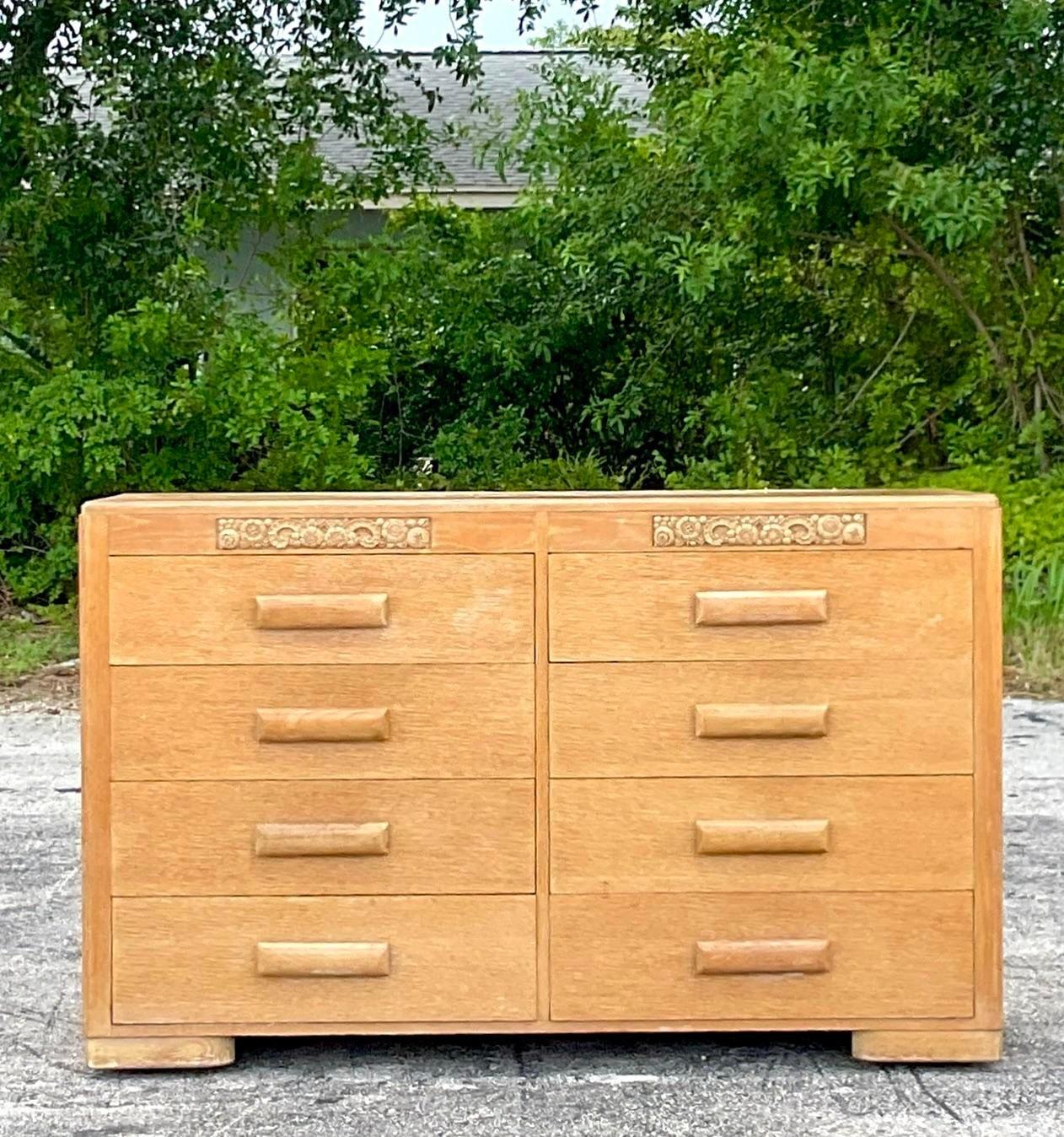 Mid-20th Century Vintage Boho Carved Bleached Oak Dresser 1