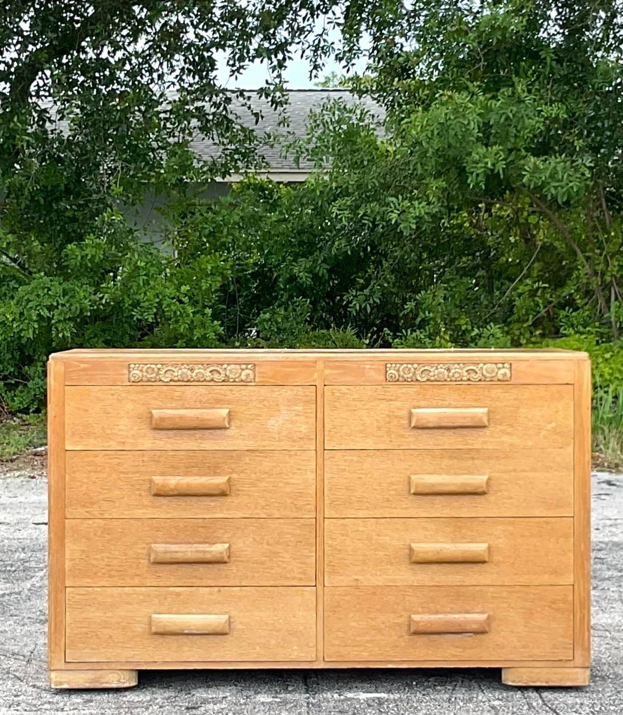 Mid-20th Century Vintage Boho Carved Bleached Oak Dresser 2