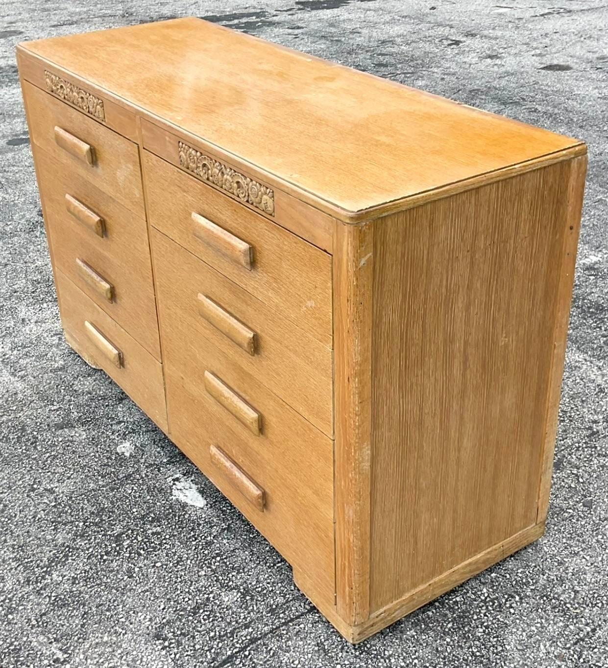 Mid-20th Century Vintage Boho Carved Bleached Oak Dresser 3