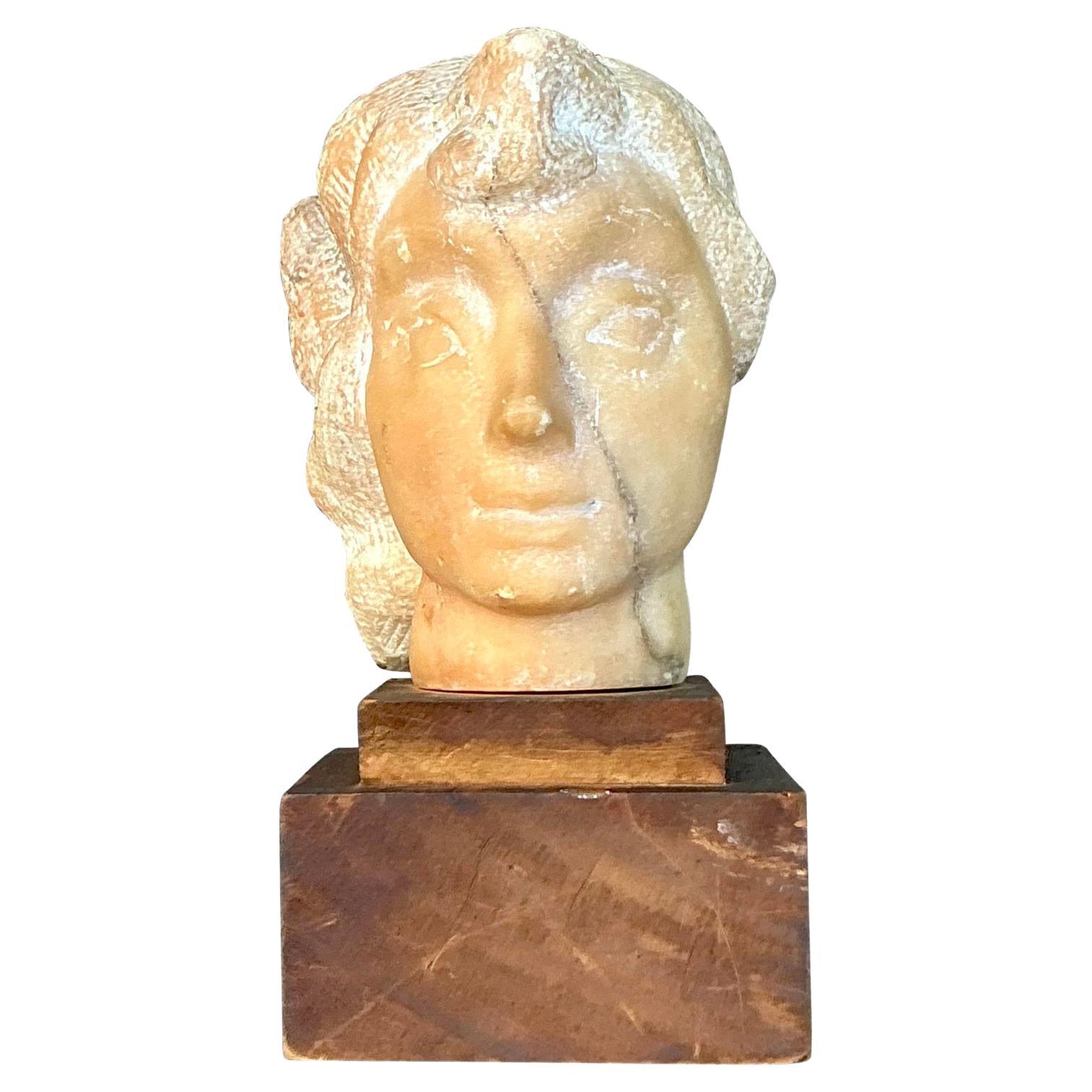 Mid 20th Century Vintage Boho Carved Stone Bust of Woman Sculpture