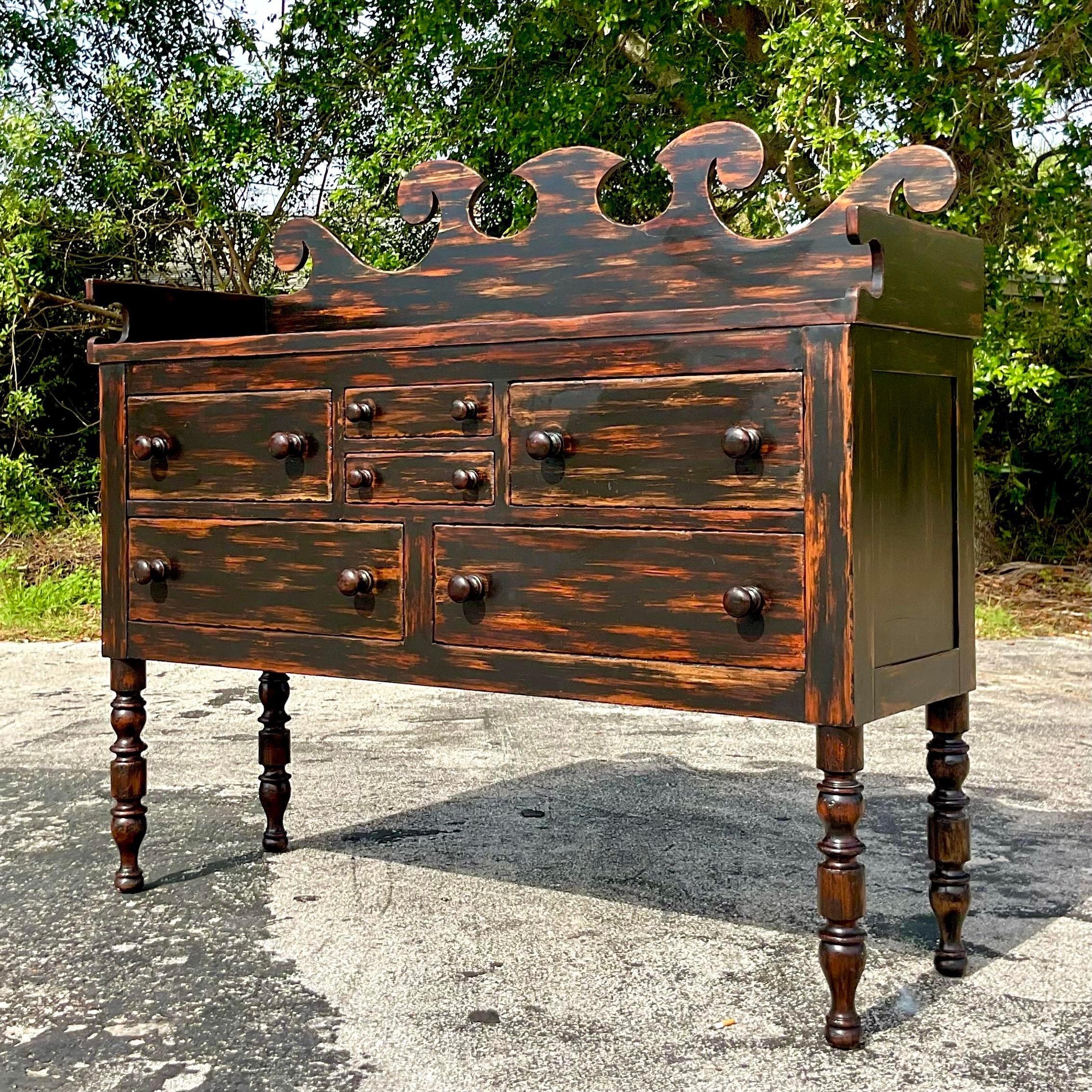 Mid 20th Century Vintage Boho Currey and Company Primitive Black Credenza In Good Condition For Sale In west palm beach, FL