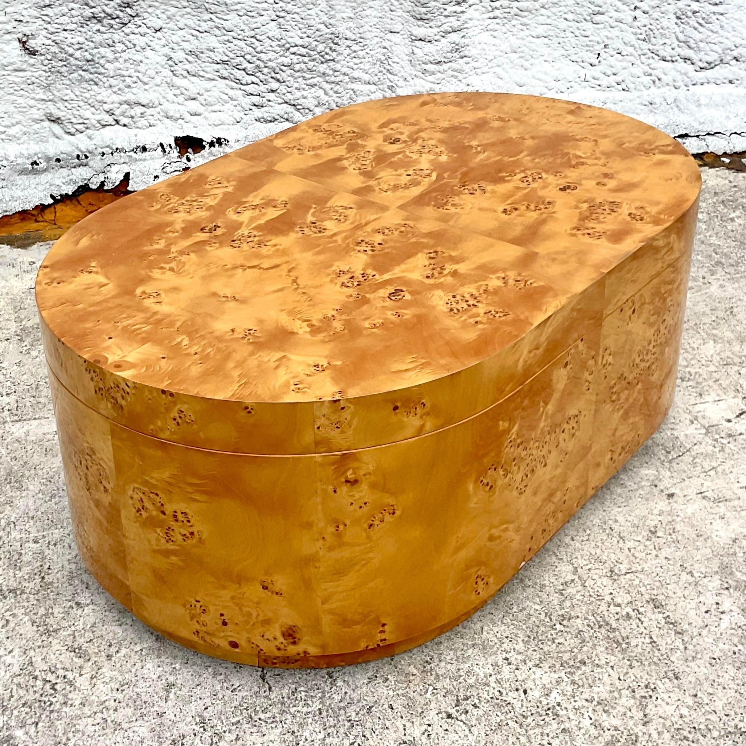 Mid 20th Century Vintage Boho Custom Burl Wood Storage Coffee Table For Sale 4