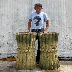 Mid 20th Century Vintage Boho Cut Coquina Stone Bamboo Table Pedestal - A Pair