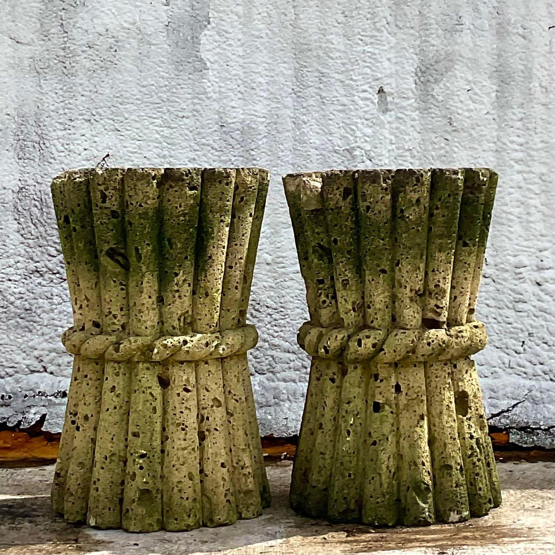 American Mid 20th Century Vintage Boho Cut Coquina Stone Bamboo Table Pedestal - A Pair For Sale