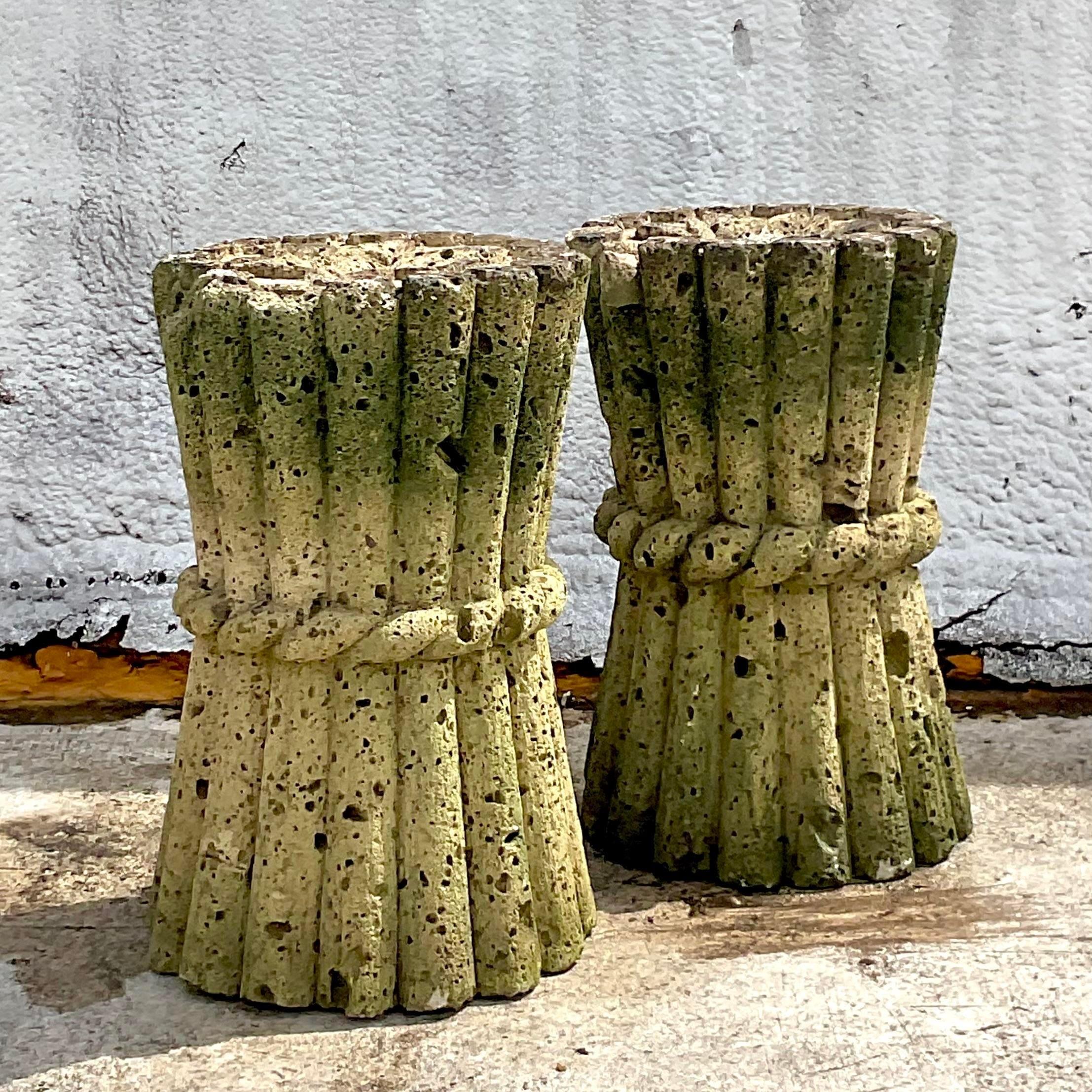 Mid 20th Century Vintage Boho Cut Coquina Stone Bamboo Table Pedestal - A Pair In Good Condition For Sale In west palm beach, FL