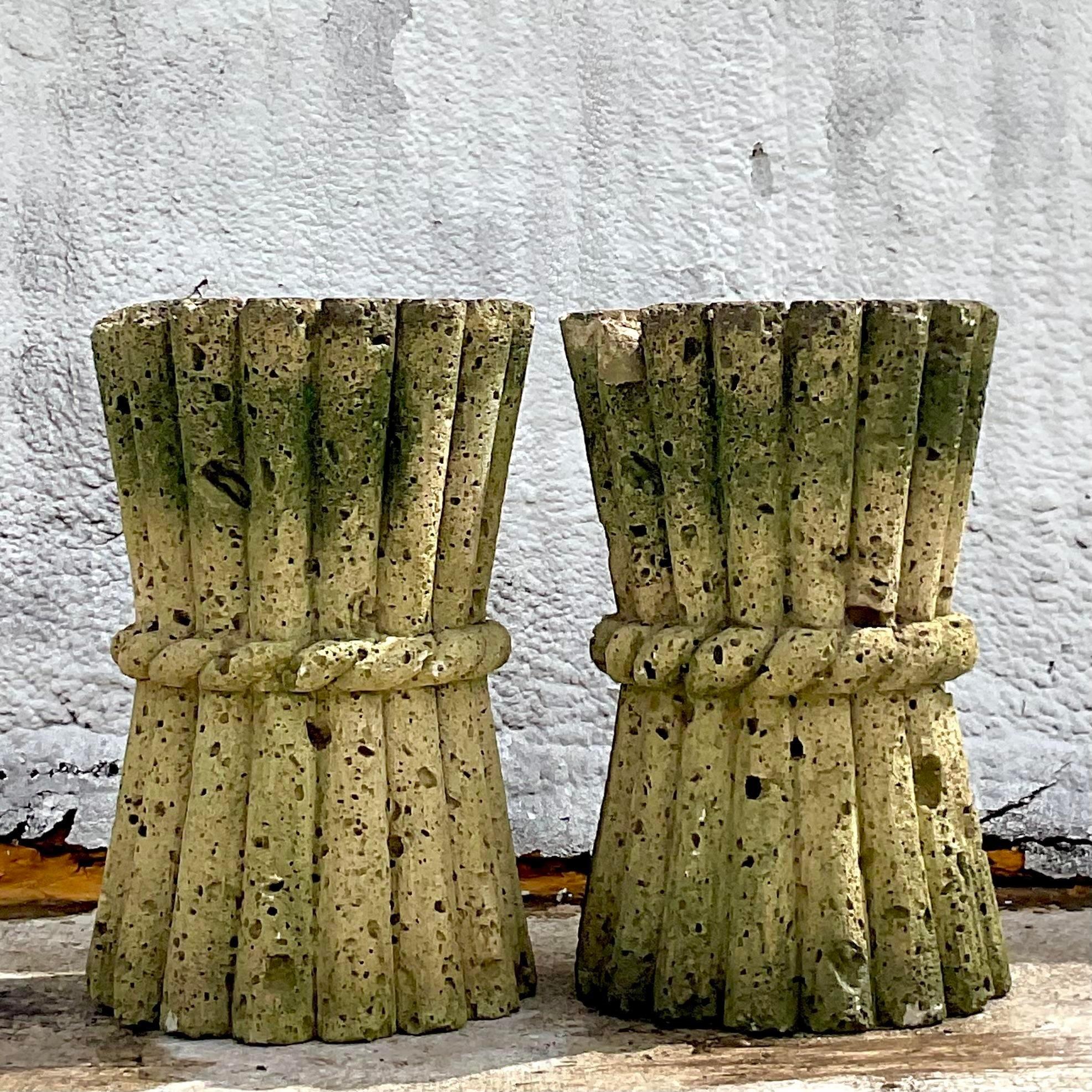 Mid 20th Century Vintage Boho Cut Coquina Stone Bamboo Table Pedestal - A Pair For Sale 2