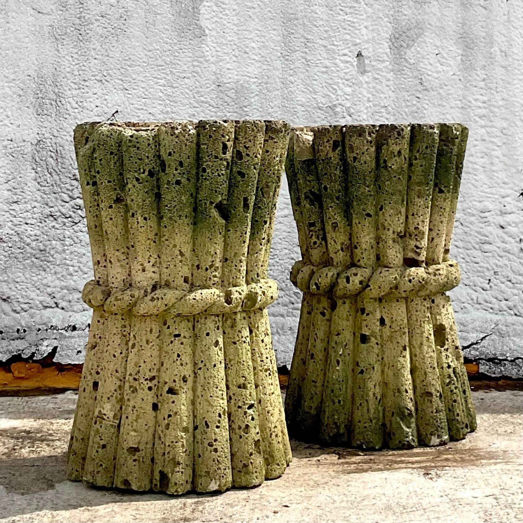 Mid 20th Century Vintage Boho Cut Coquina Stone Bamboo Table Pedestal - A Pair For Sale 5