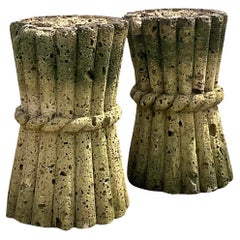 Mid 20th Century Vintage Boho Cut Coquina Stone Bamboo Table Pedestal - A Pair