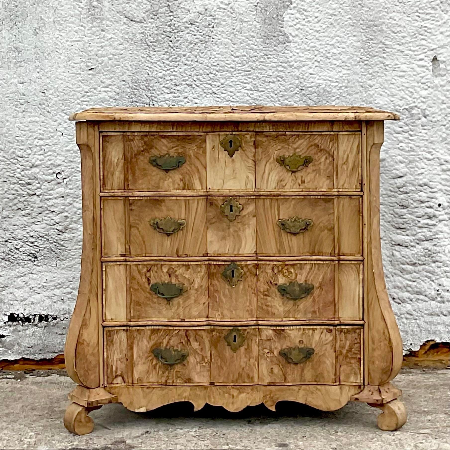 American Mid 20th Century Vintage Boho Distressed Bleached Burl Wood Chest of Drawers