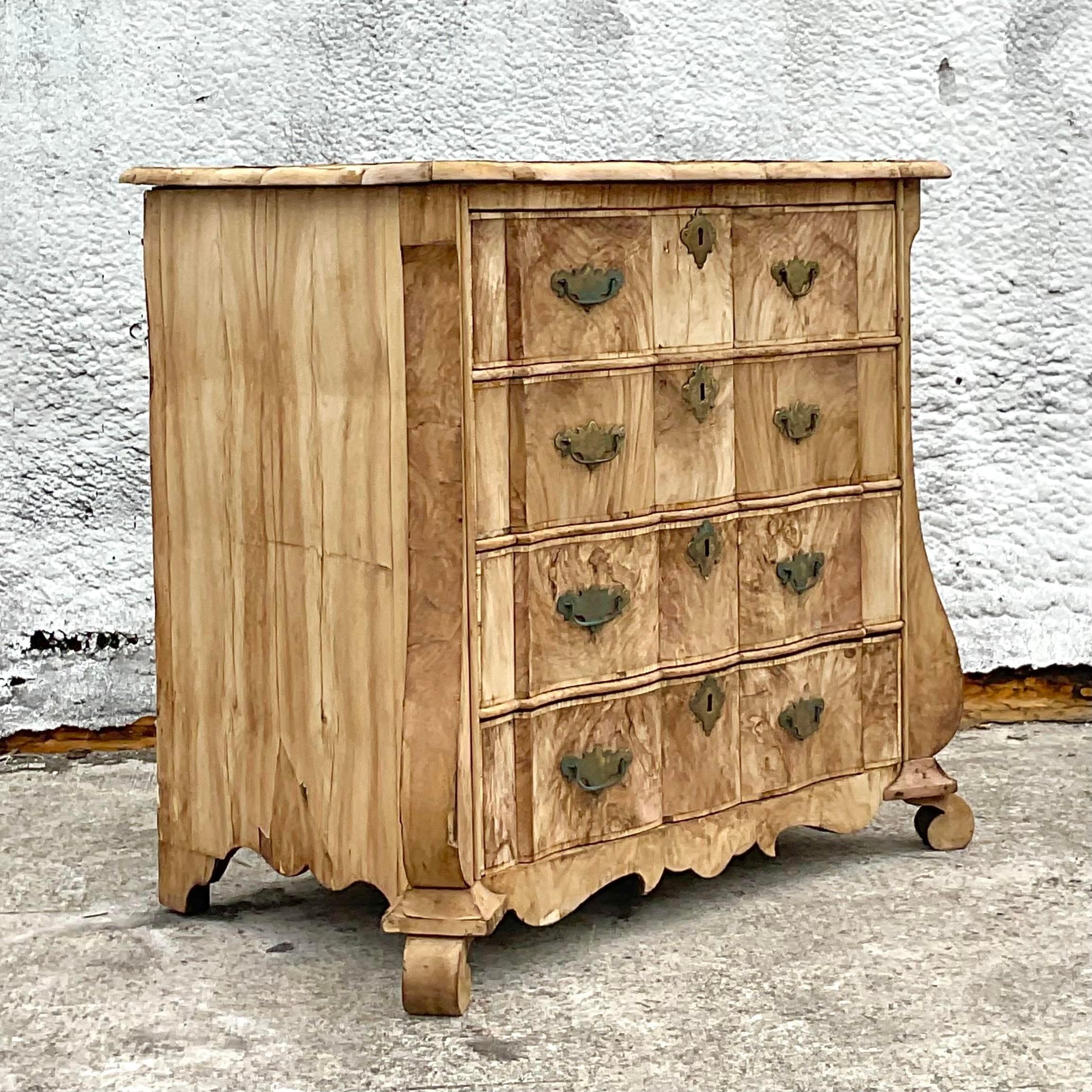 Mid 20th Century Vintage Boho Distressed Bleached Burl Wood Chest of Drawers In Good Condition In west palm beach, FL