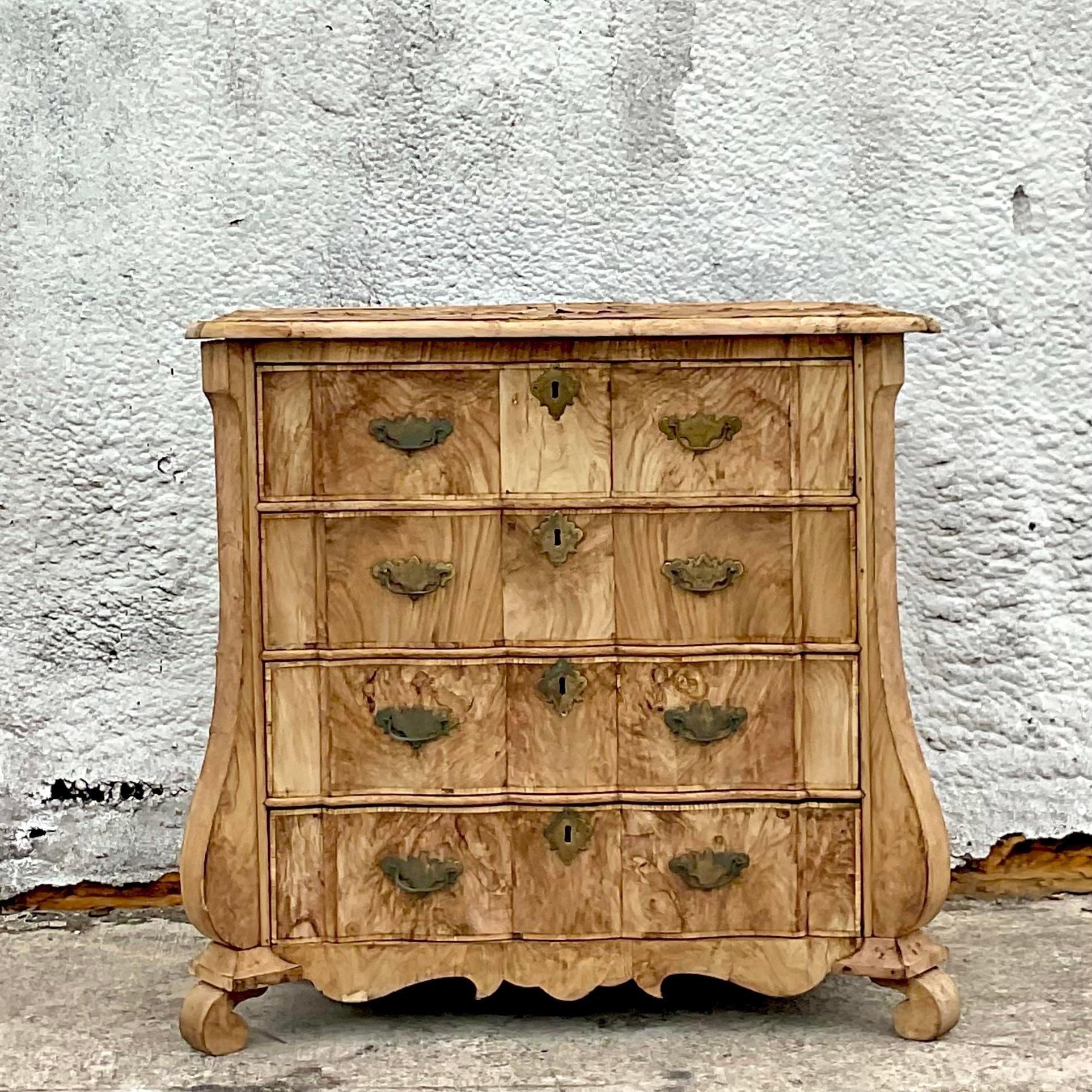 Mid 20th Century Vintage Boho Distressed Bleached Burl Wood Chest of Drawers For Sale 1
