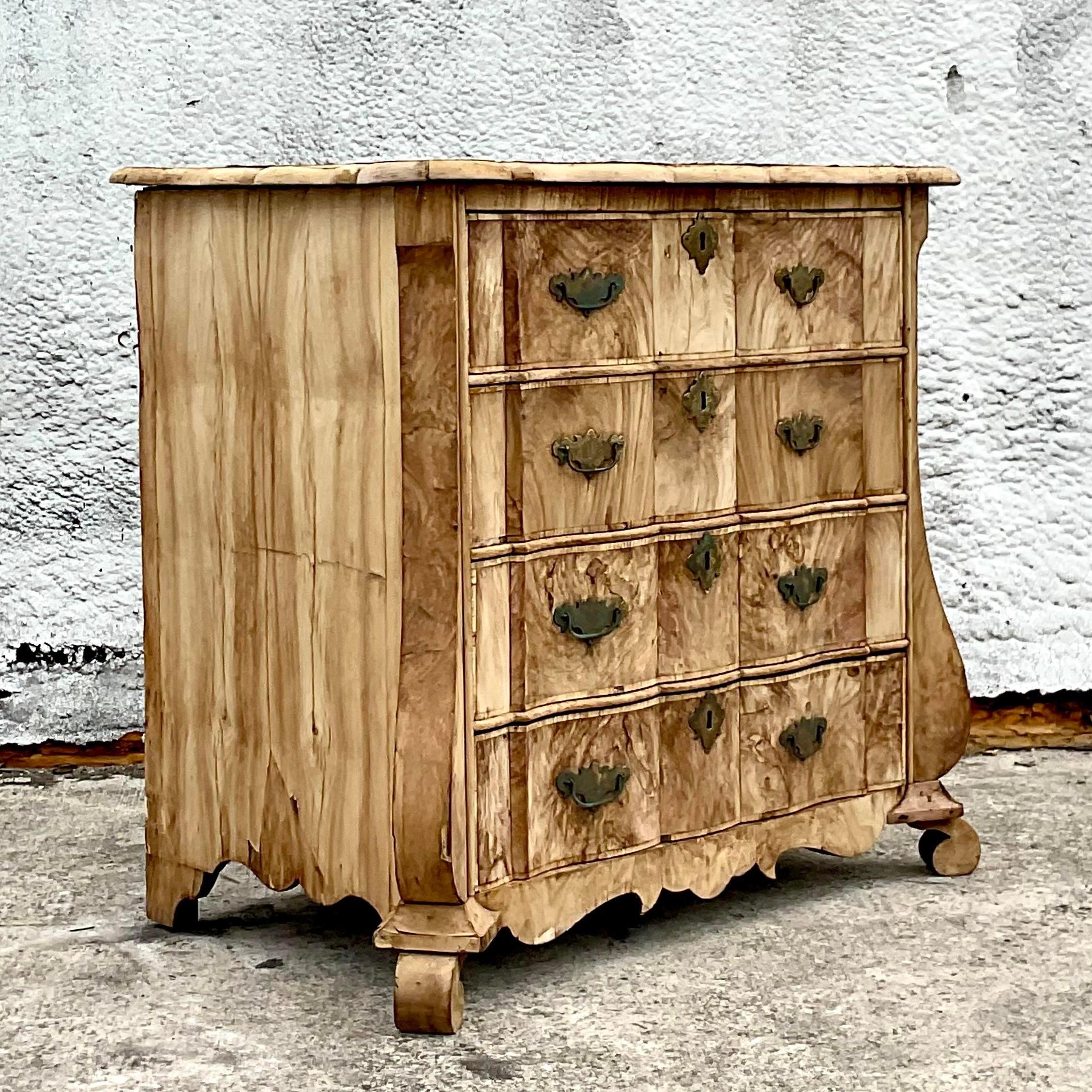 Mid 20th Century Vintage Boho Distressed Bleached Burl Wood Chest of Drawers For Sale 2